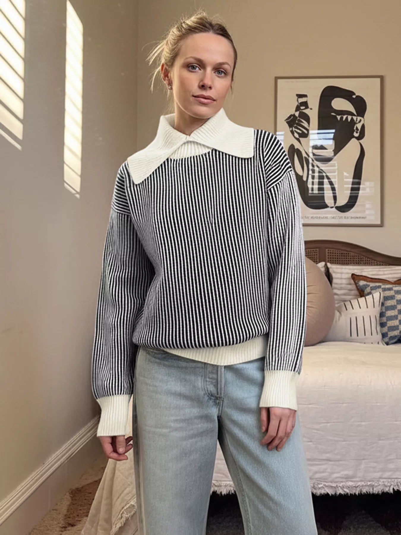 Striped Knit Sweater with Contrast Collar