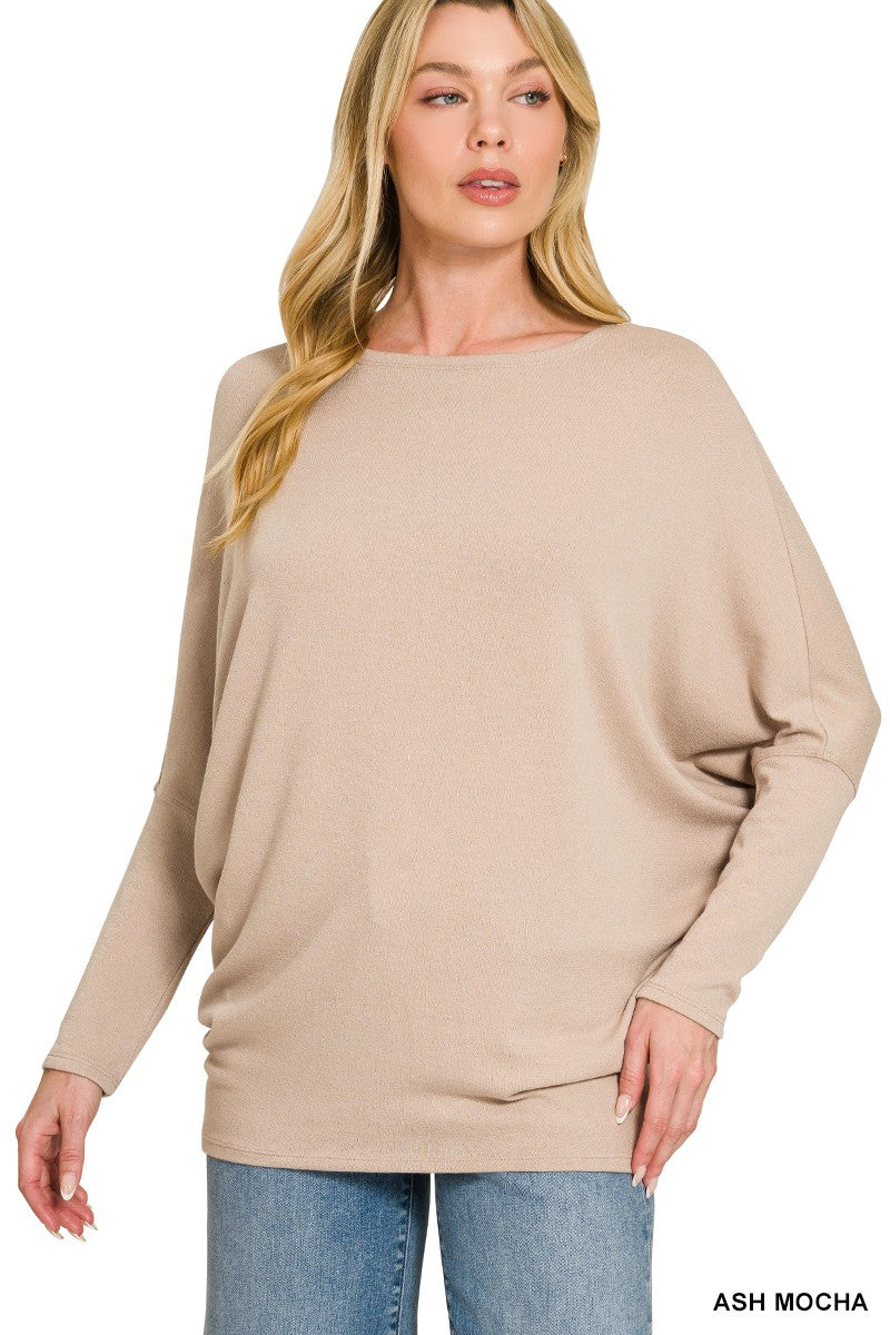 Zenana Hacci Dolman Sleeve Boat Neck Top