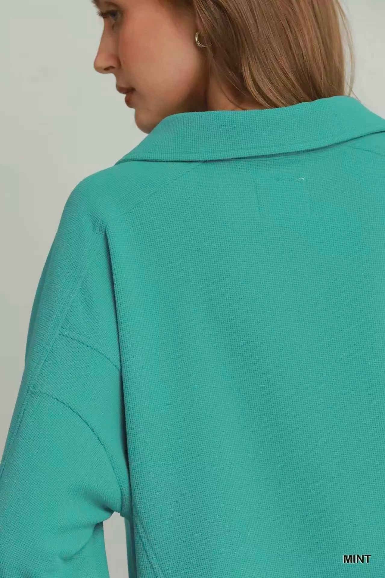Umgee Brushed Waffle Polo Collared Pullover