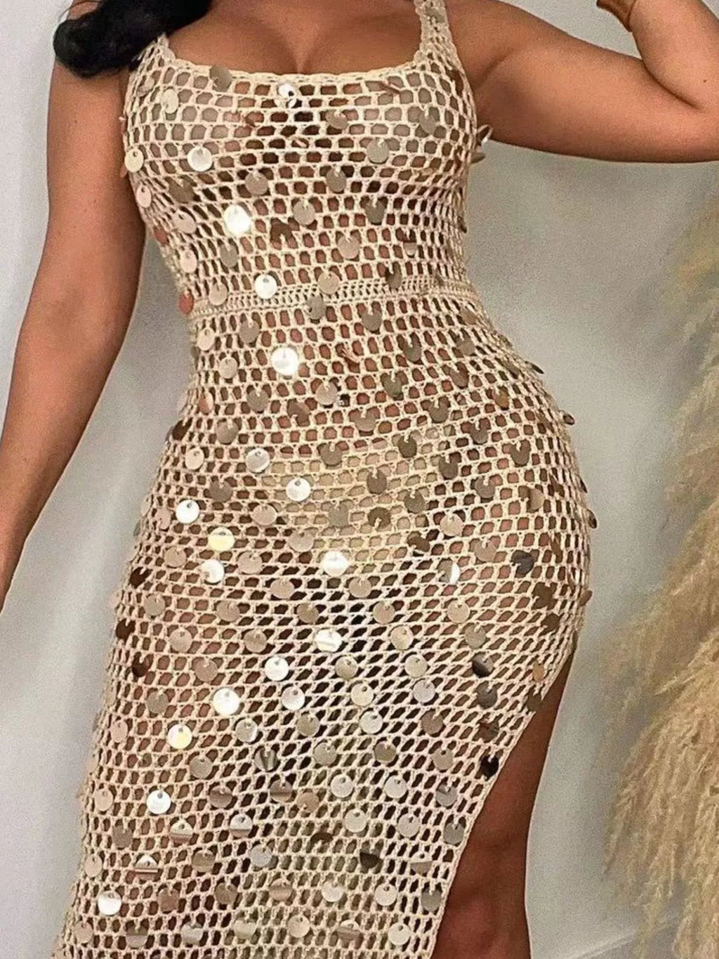 Sequin Embellished Crochet Maxi Dress with High Slit
