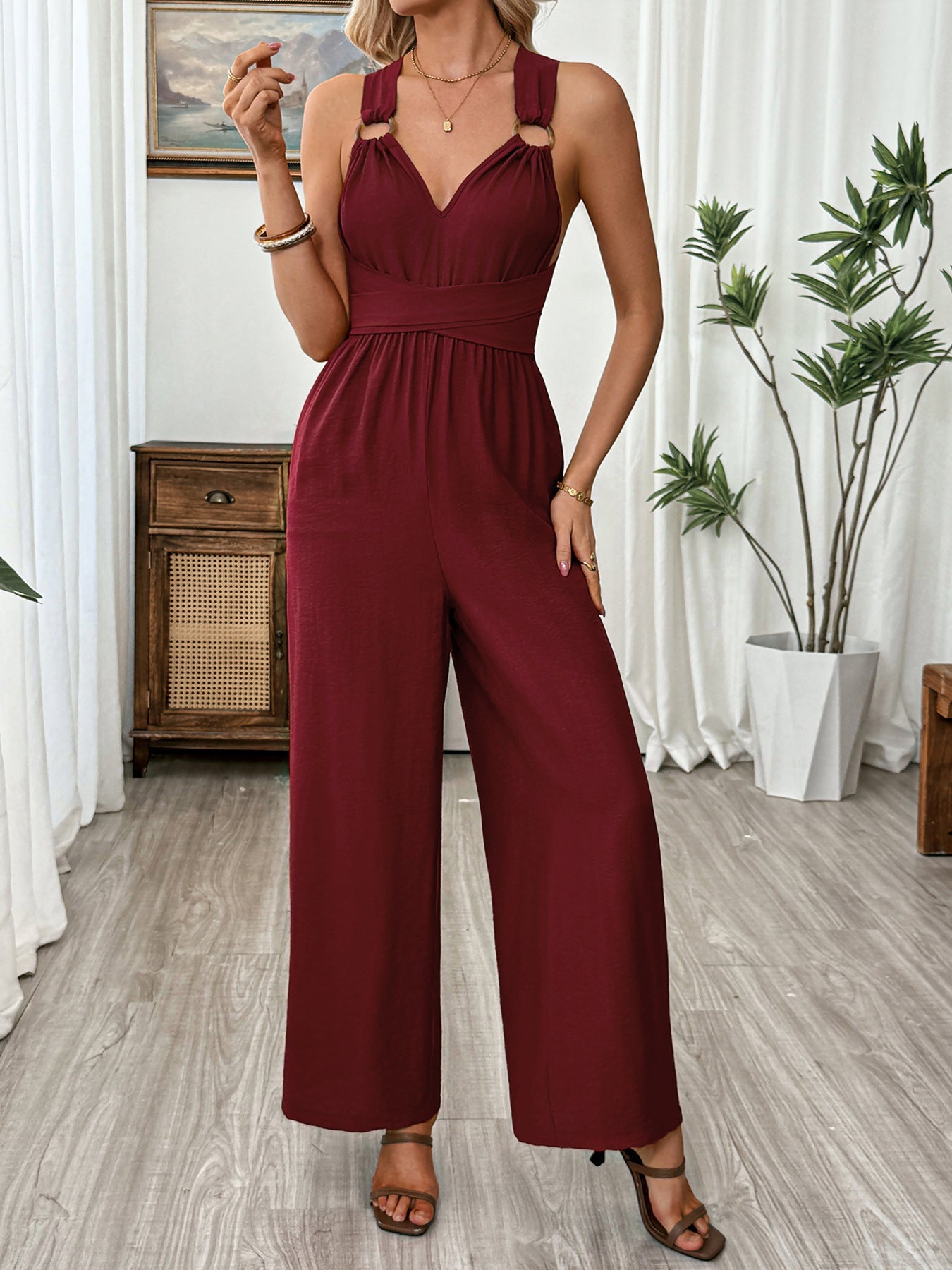 V-Neck Sleeveless Wide Leg Jumpsuit