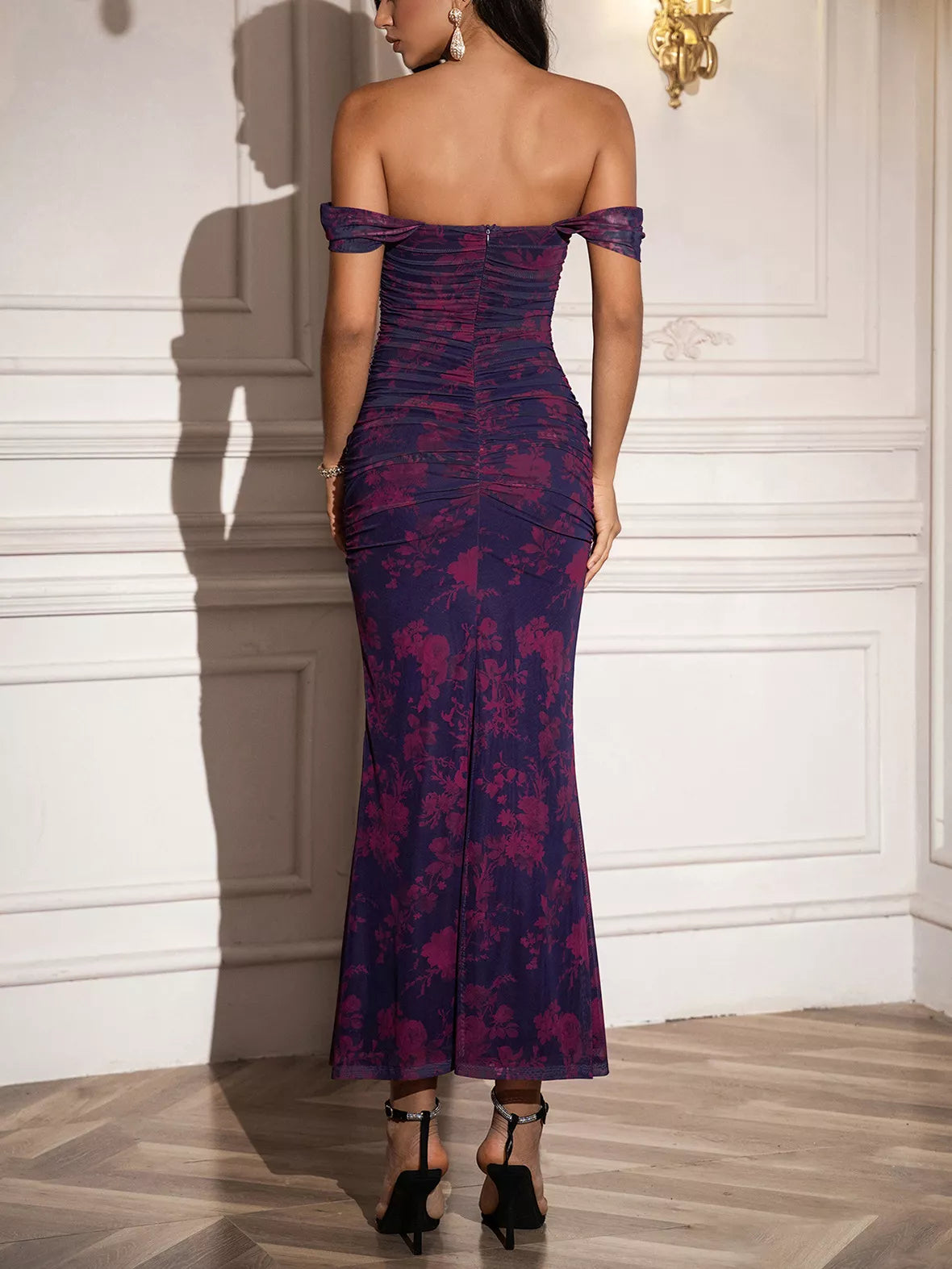 Off-Shoulder Ruched Floral Mermaid Dress