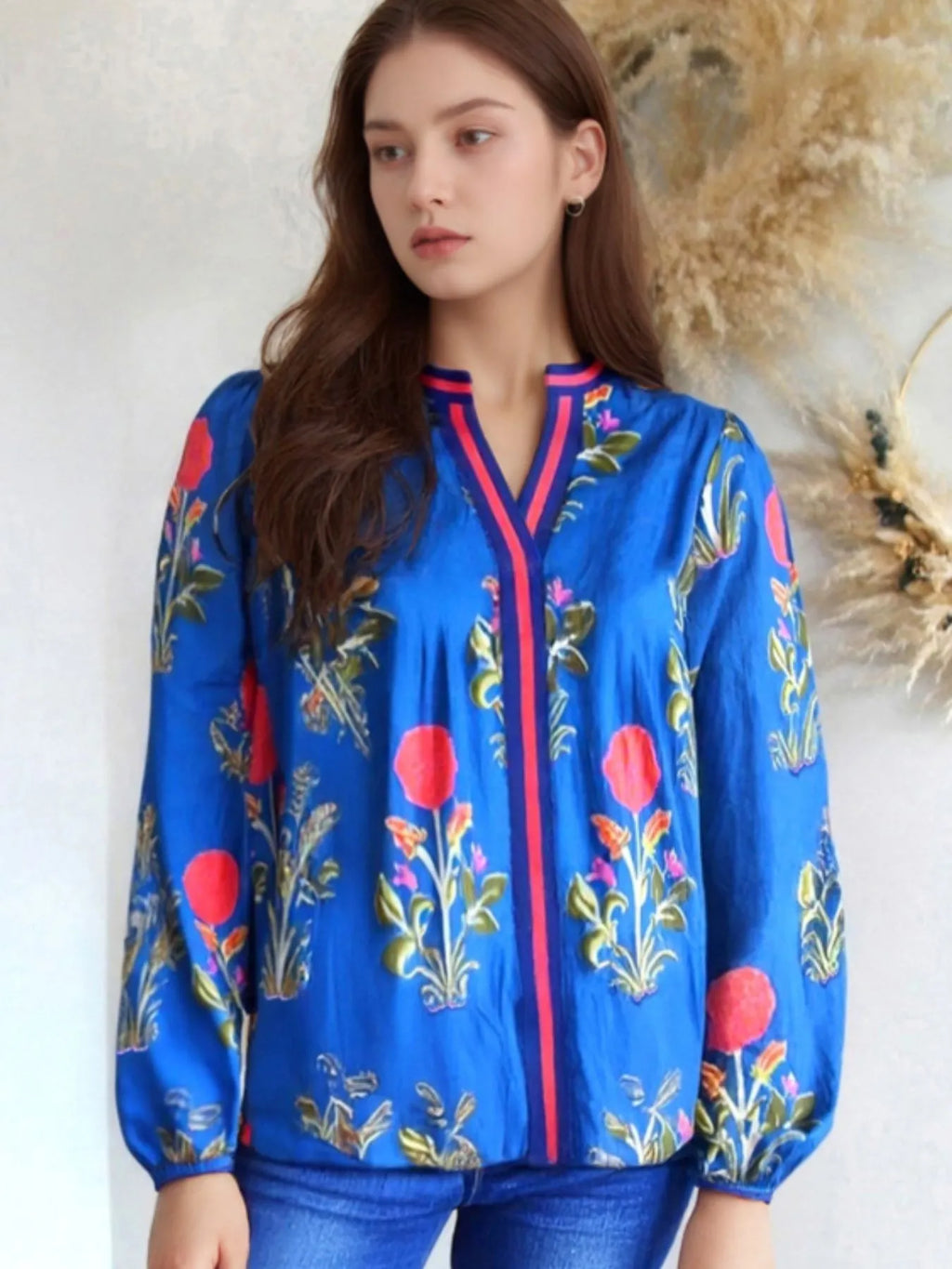 Floral Notched Balloon Sleeve Blouse