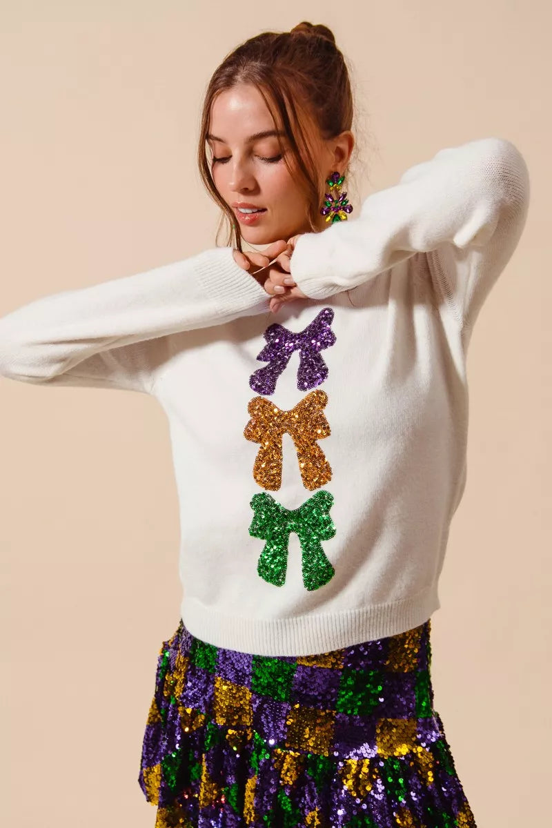 SO ME Mardi Gras Sequins Bow Ribbon Embellished Sweater