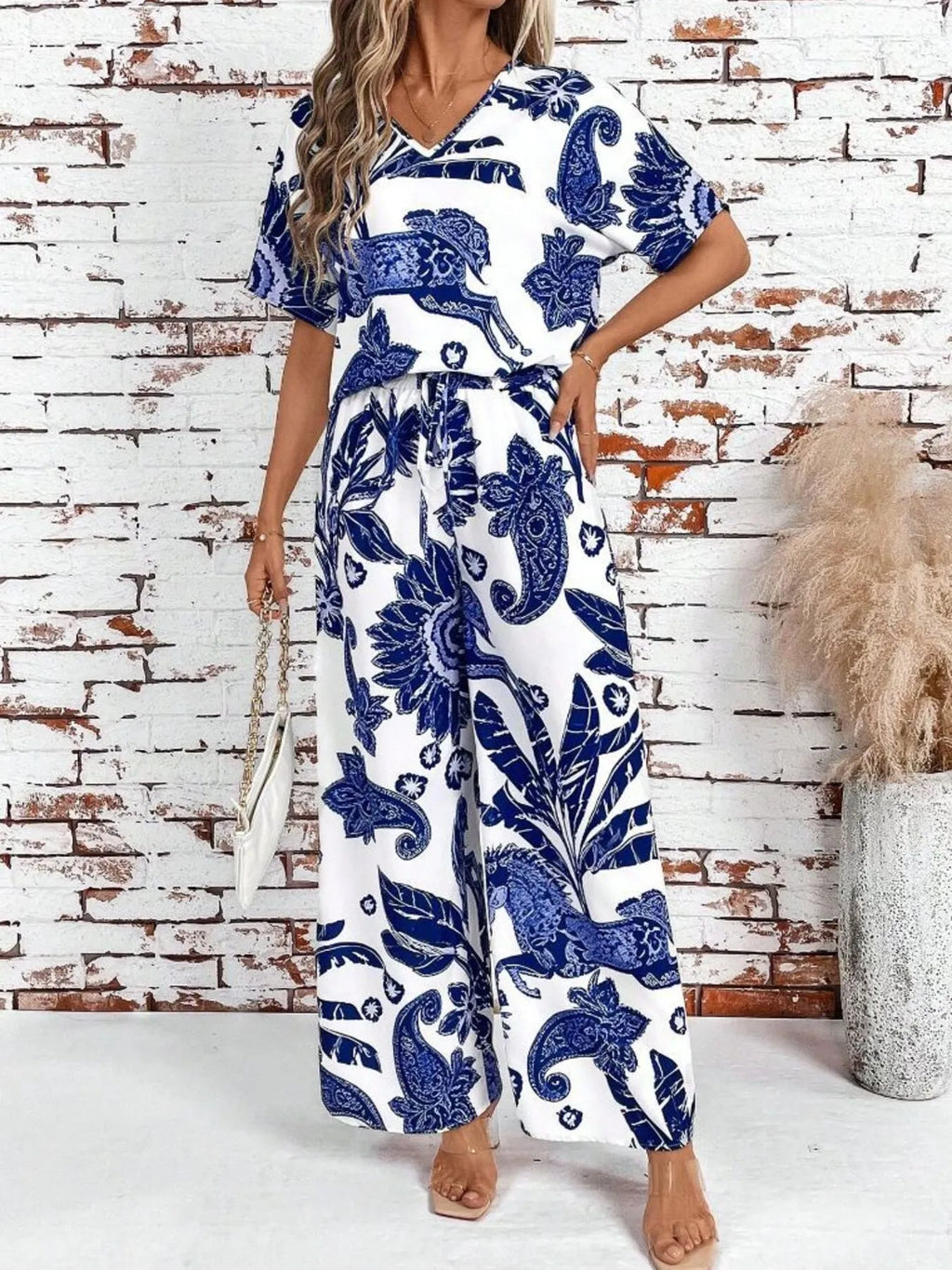Printed V-Neck Top and Wide Leg Pants Set