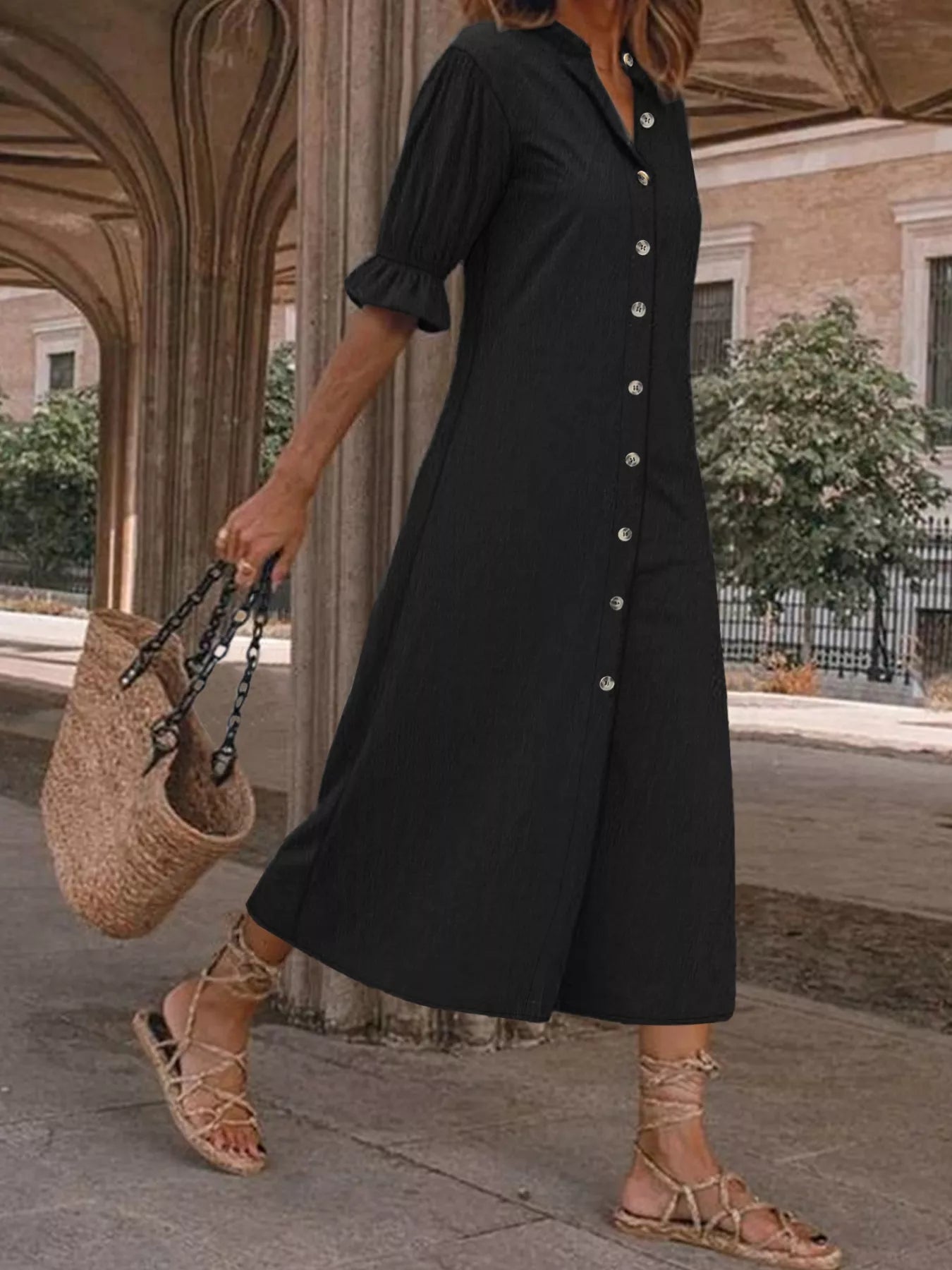 Plus Size Button Front Puff Sleeve Shirt Dress