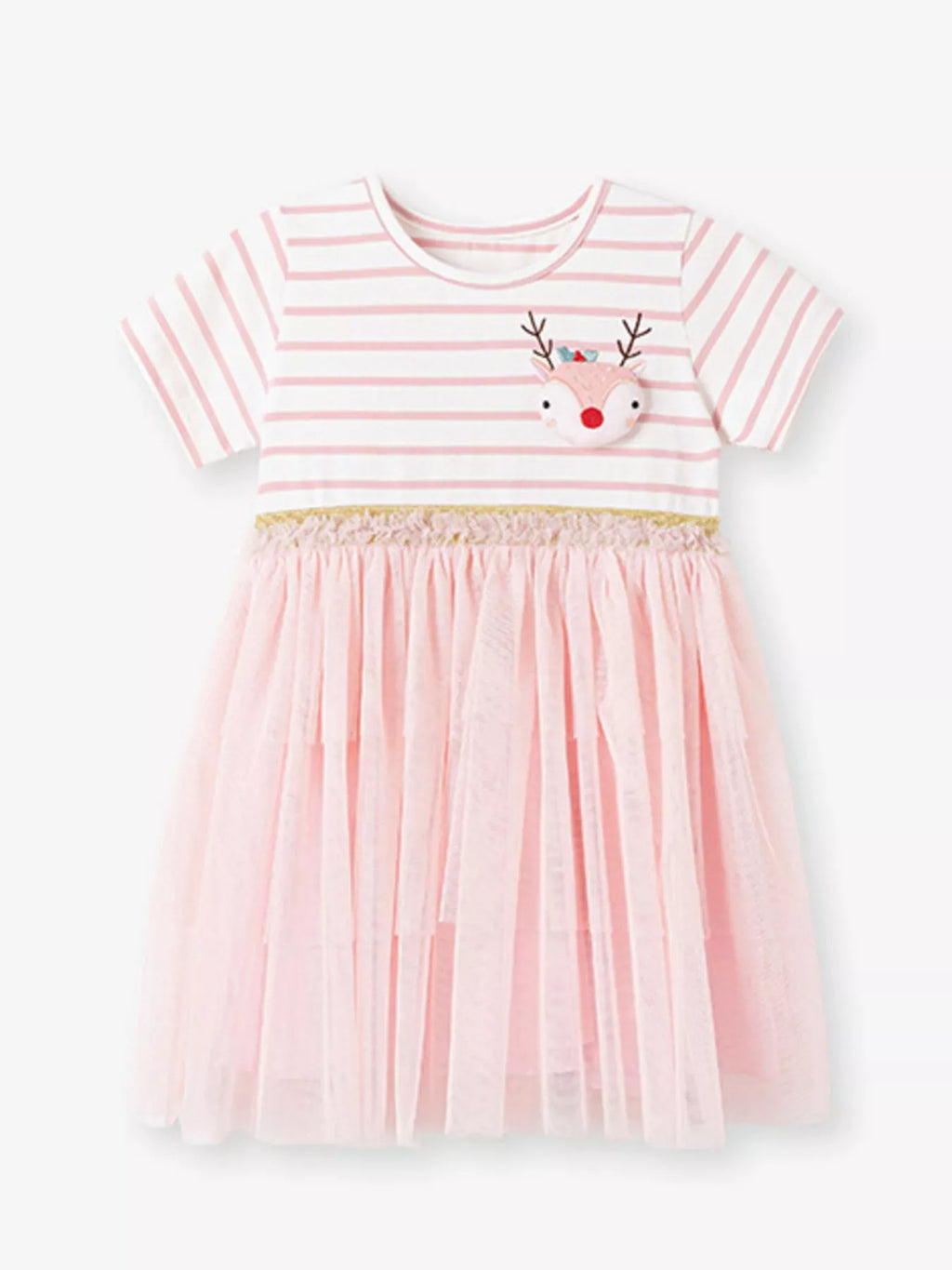 Children's Striped Tulle Dress with Reindeer Applique