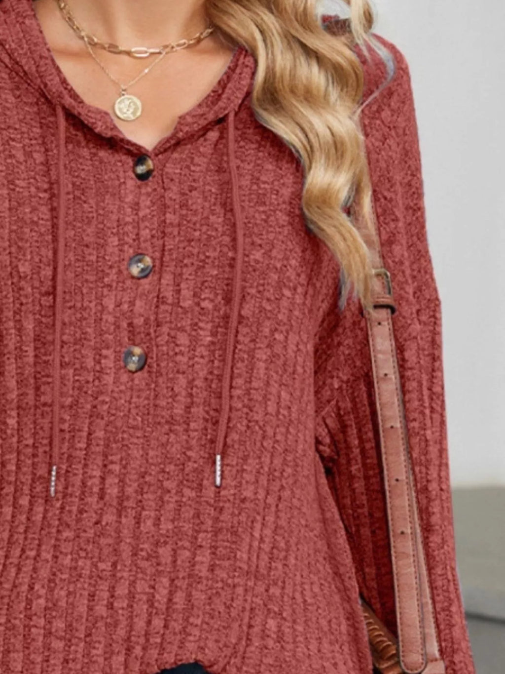 Casual Ribbed Knit Button Detail Hoodie