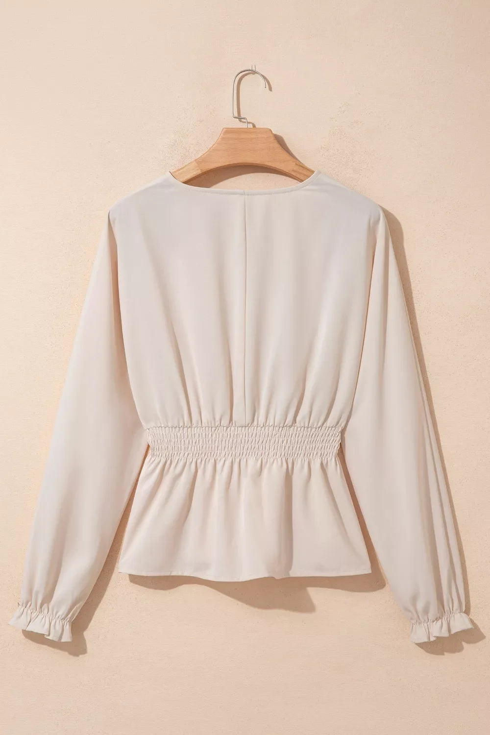 V Neck Long Sleeve Smocked Waist Elegant Blouse