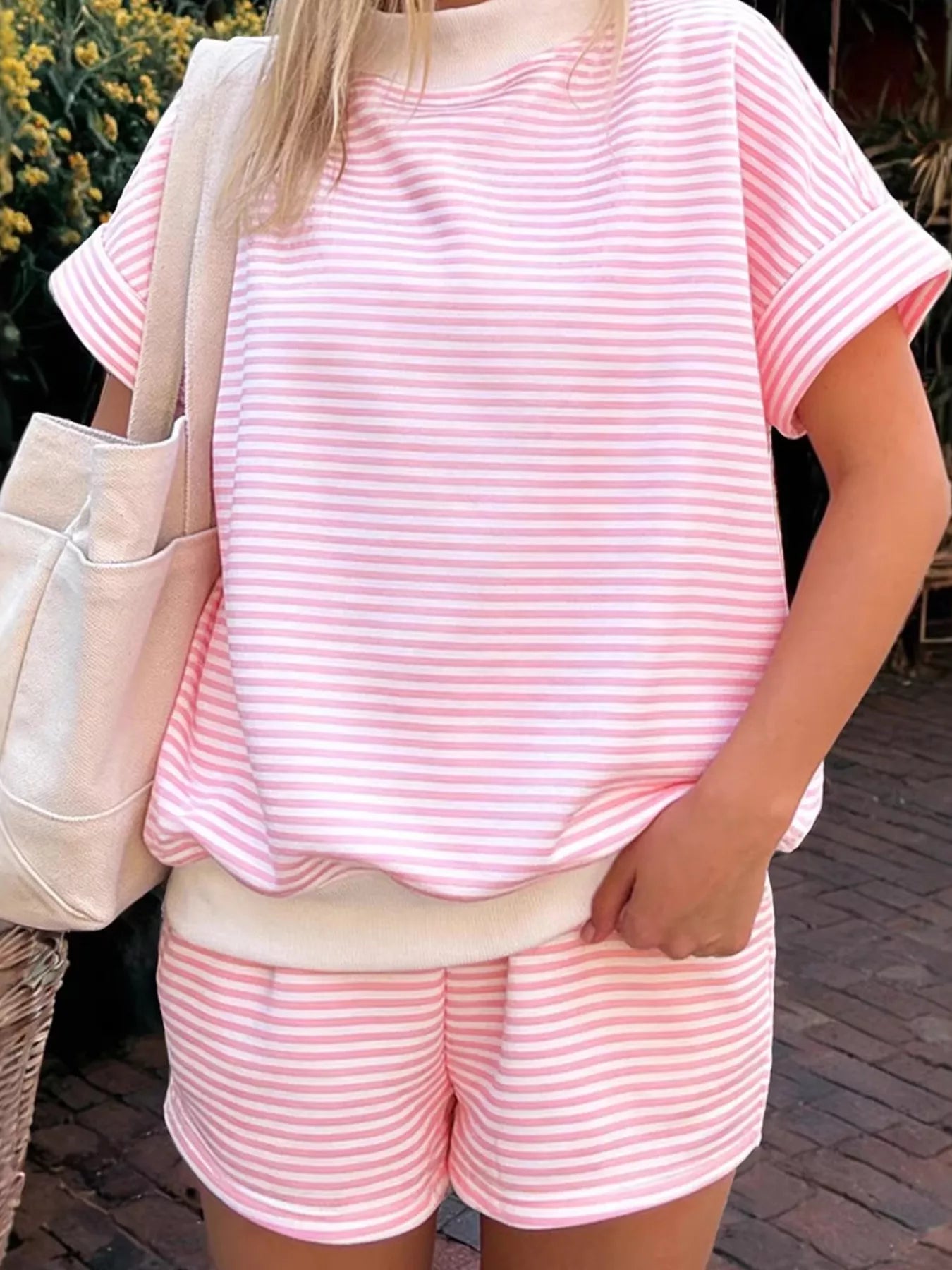 Full Size Striped Round Neck Tee and Shorts Set Plus Size