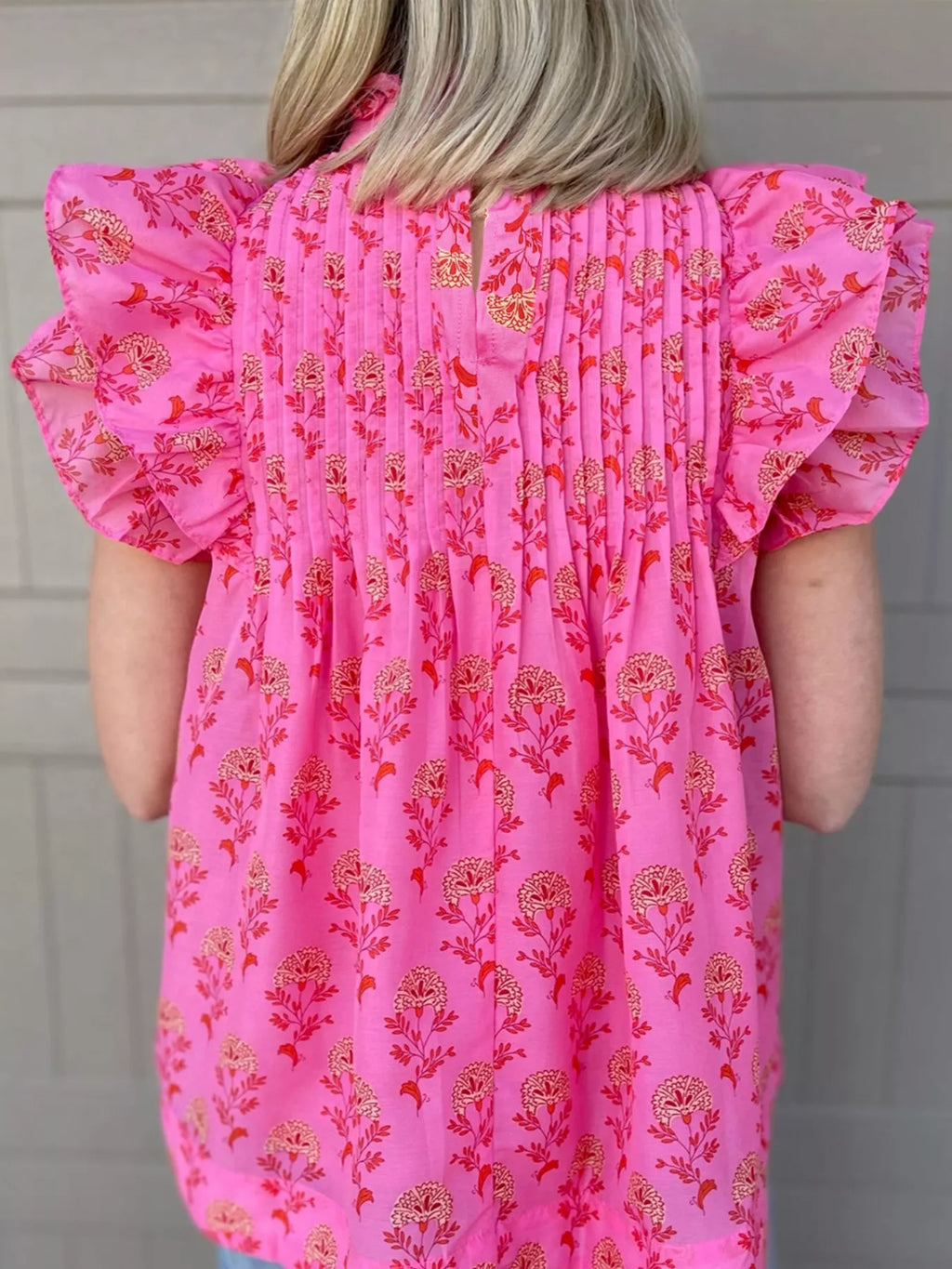 Floral Print Pleated Ruffled Flutter Sleeve Blouse