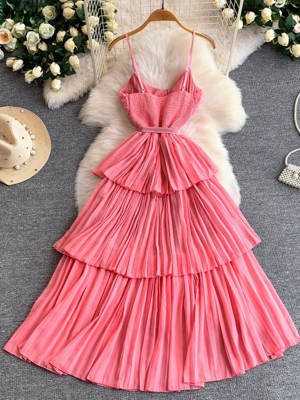 Pleated Layered Spaghetti Strap Midi Dress