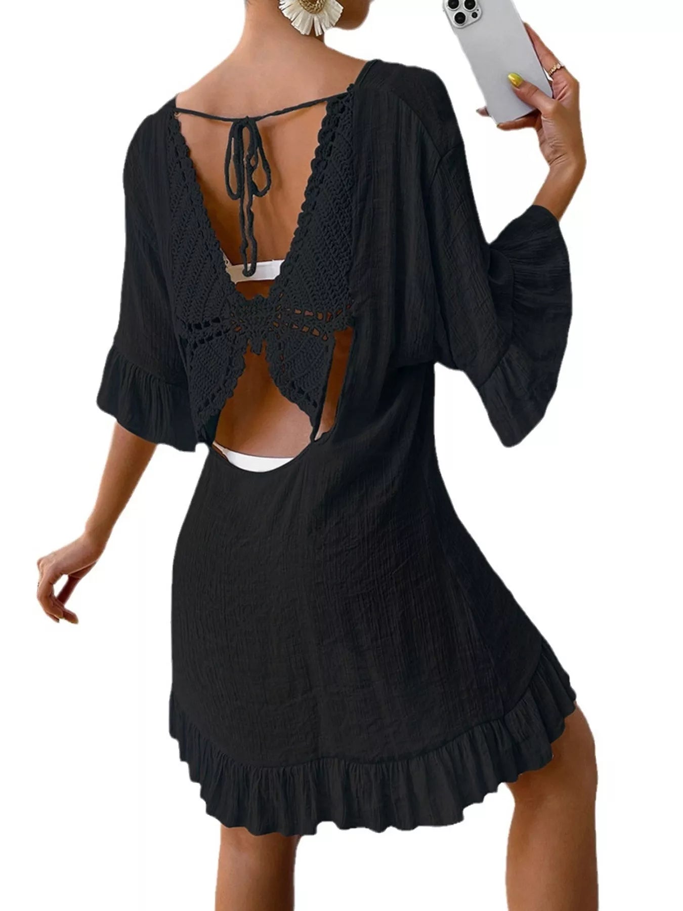 Ruffle Trim Butterfly Back V-Neck Cover-Up Dress