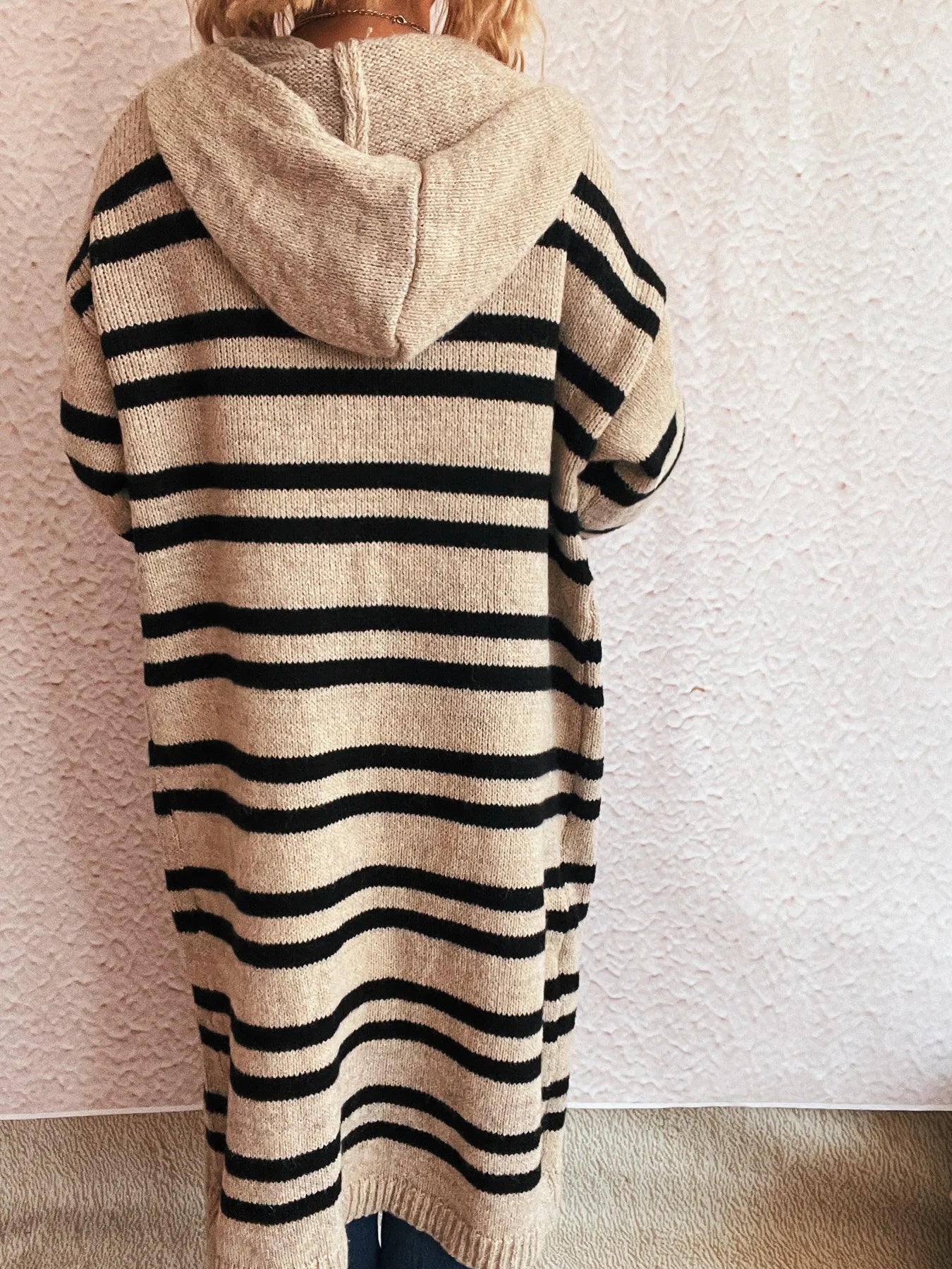 Striped Open Front Hooded Cardigan