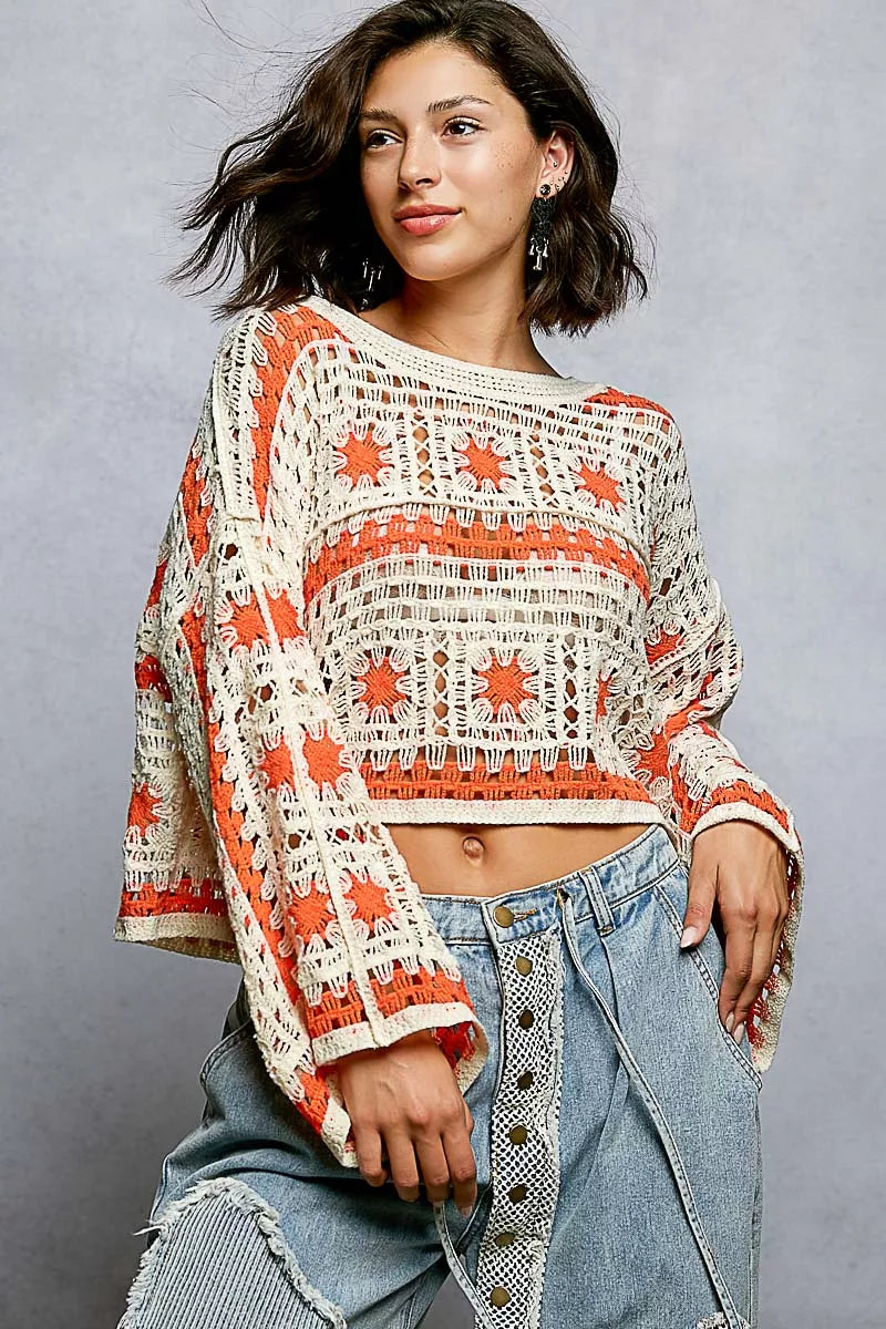 POL Boat Neck Long Sleeve Crochet Top with Granny Square Weaving