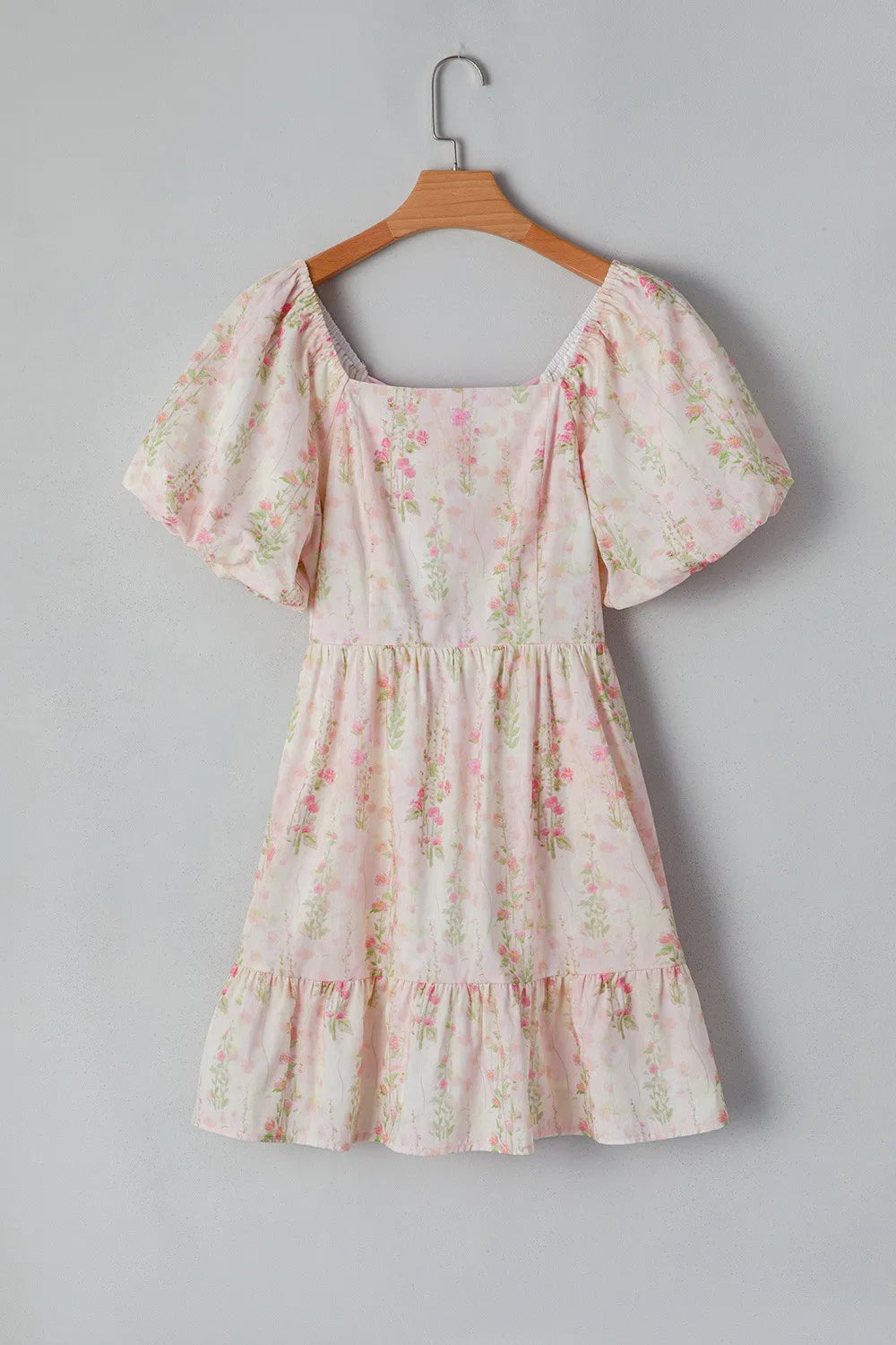 Floral Puff Sleeve Square Neck Knotted Open Back Ruffled Mini Dress