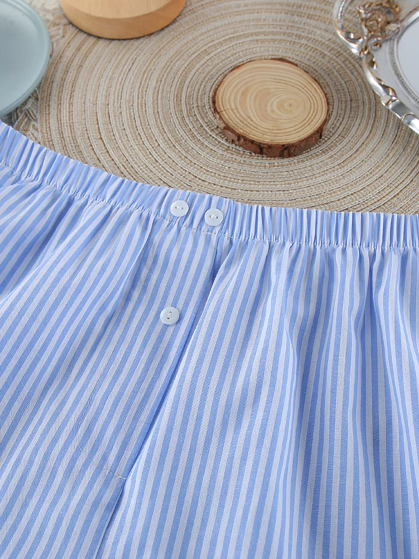 Striped Button Up Shirt and Shorts Lounge Set