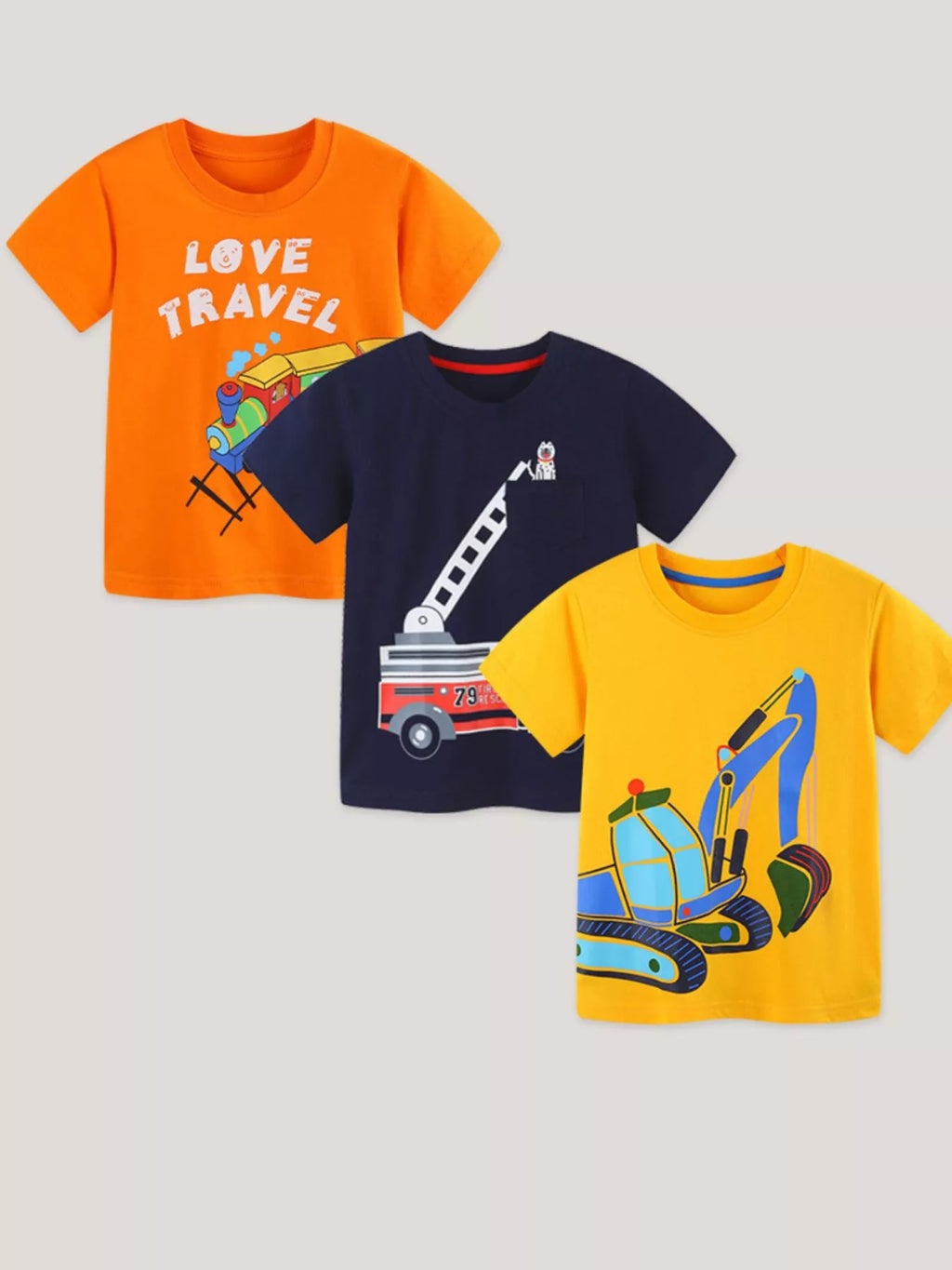 Children's Cartoon Vehicle Graphic Crew Neck T-Shirt Set