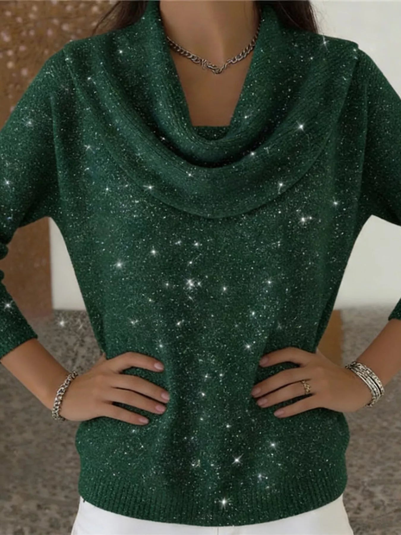 Full Size Glitter Cowl Neck Long Sleeve Sweater Plus Size