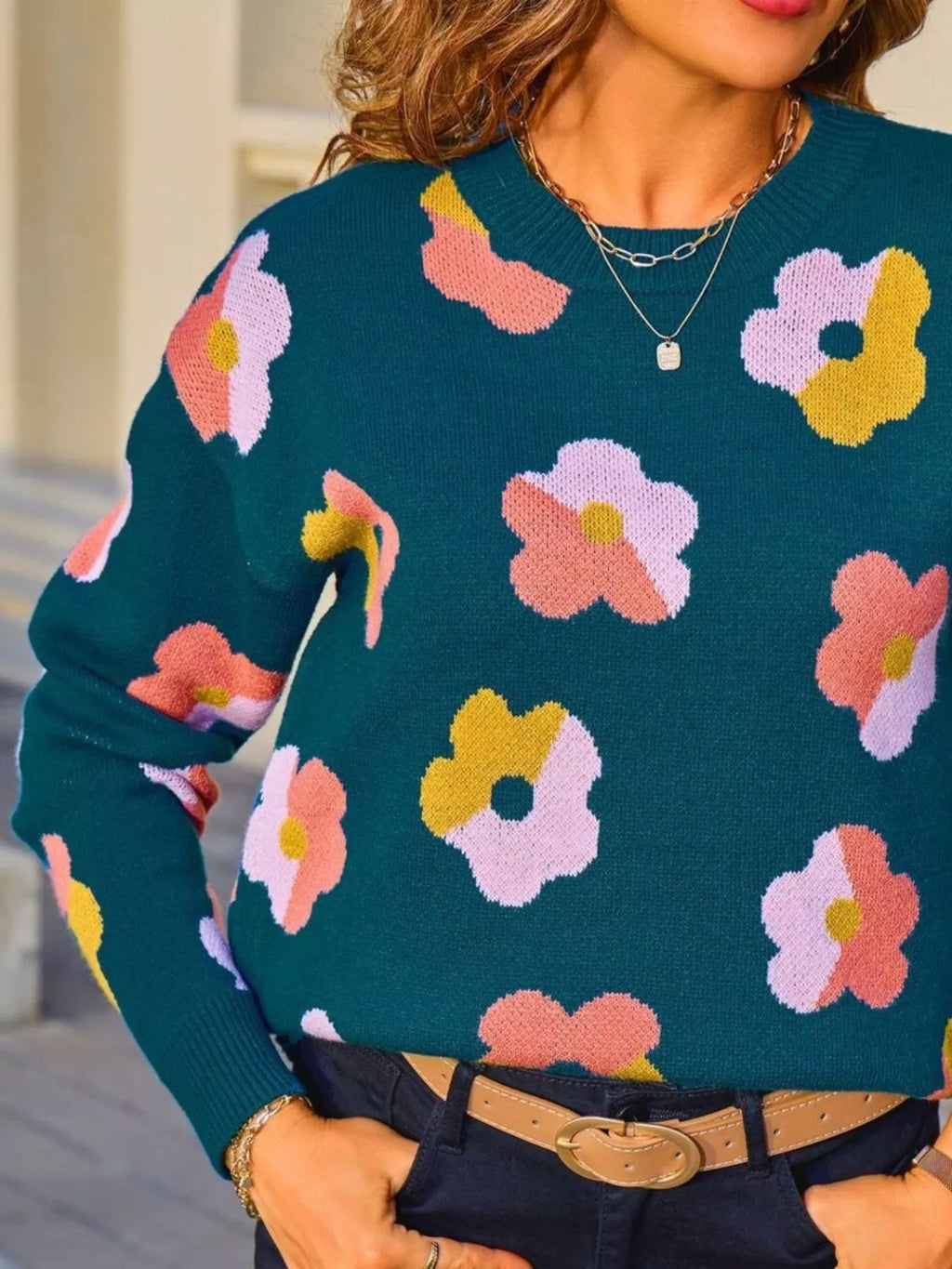Floral Crew Neck Long Sleeve Sweater