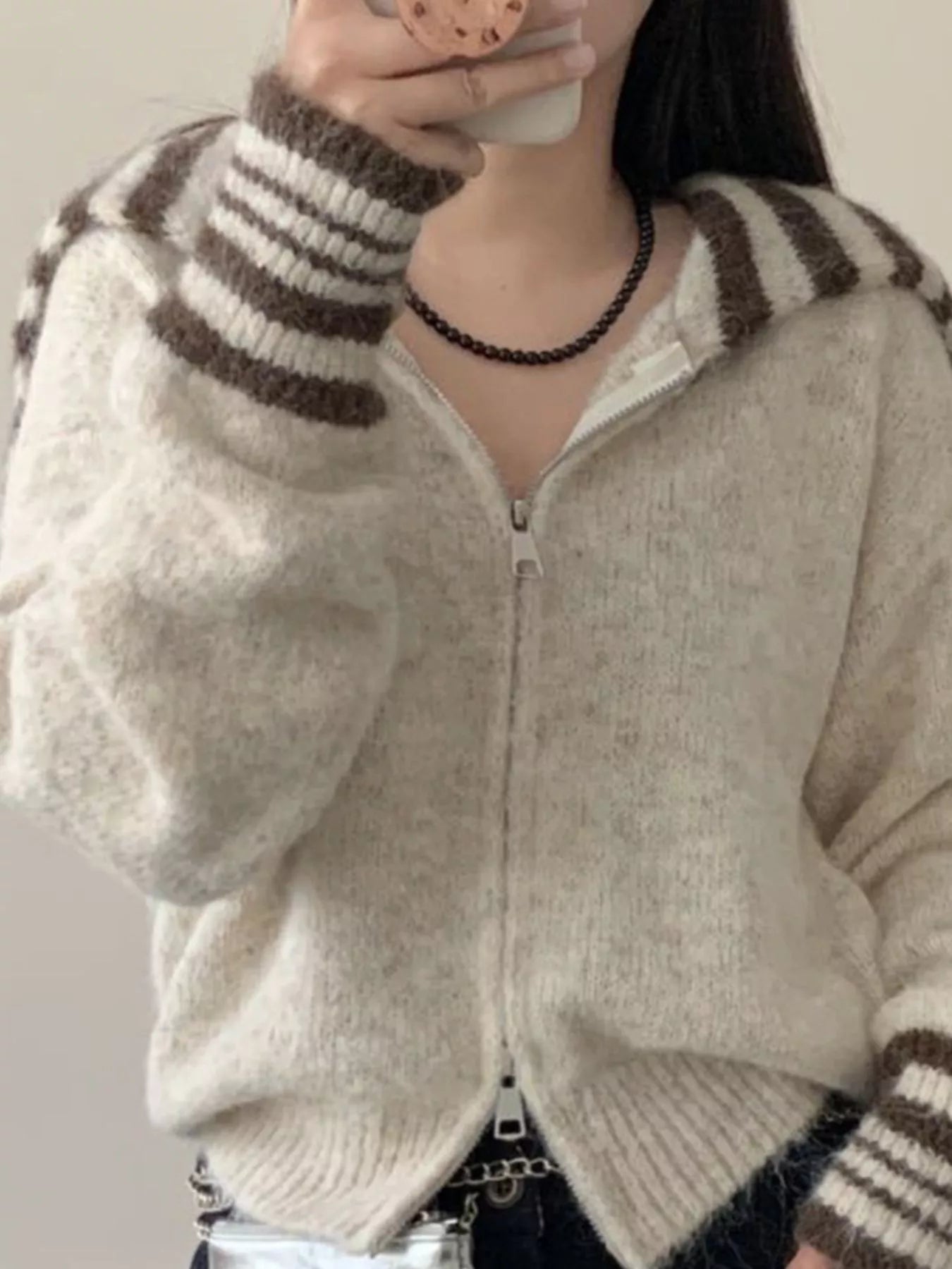 Striped Trim Zip-Up Knit Cardigan