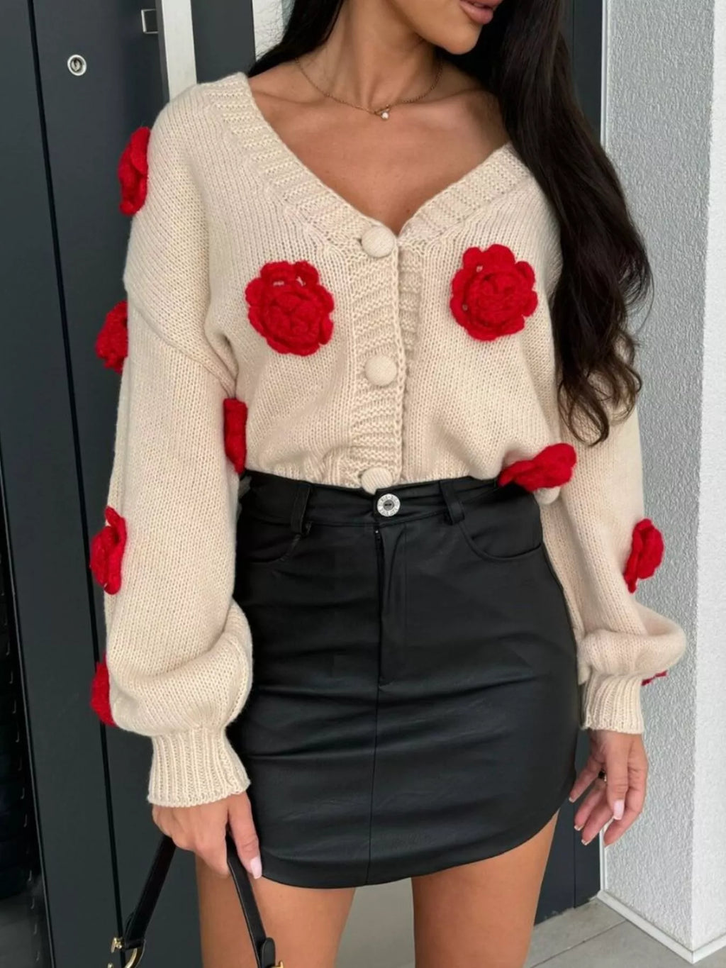 Rose Embellished V-Neck Cardigan