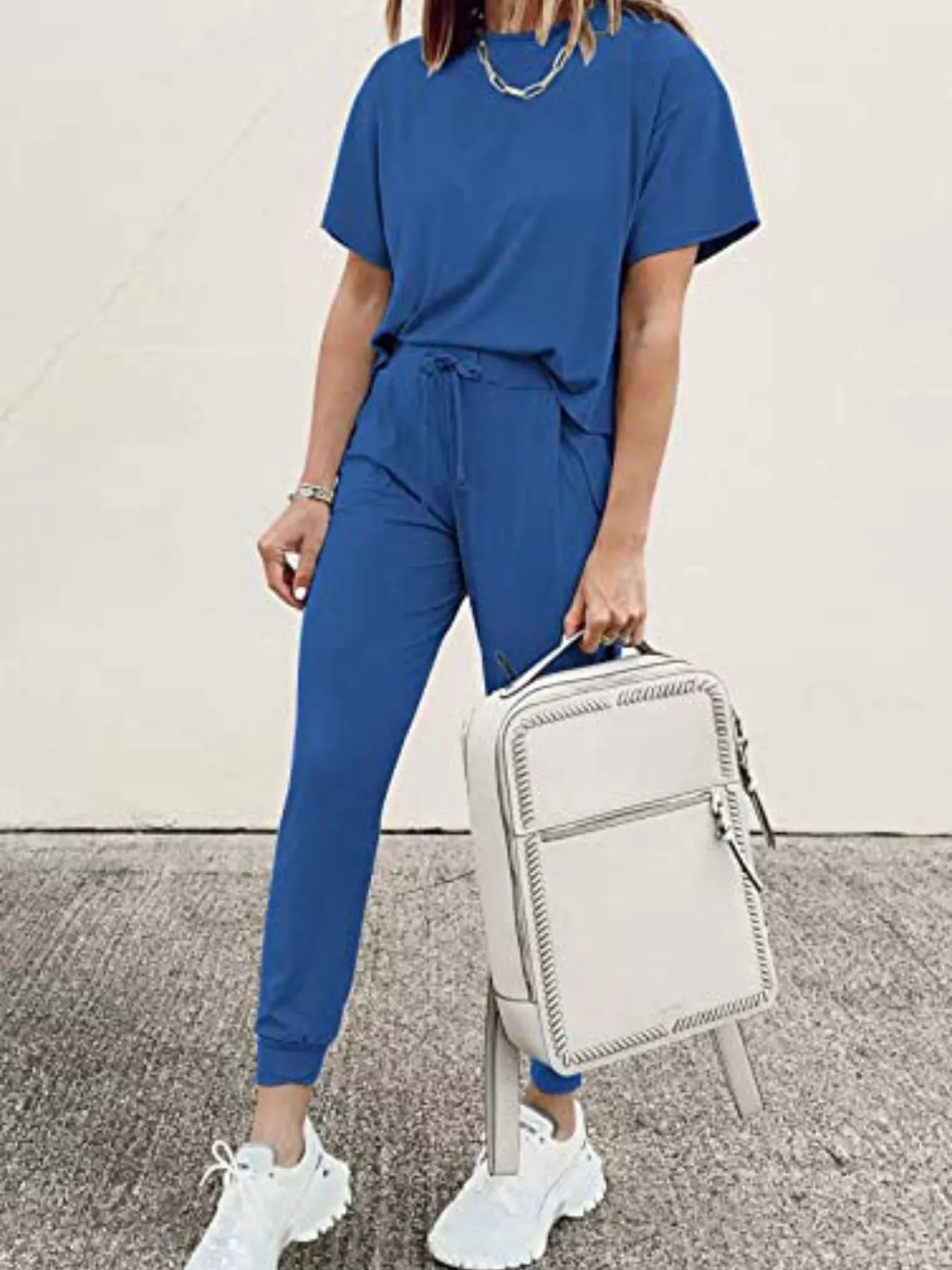 Full Size Round Neck Top and Drawstring Pants Set Plus Size