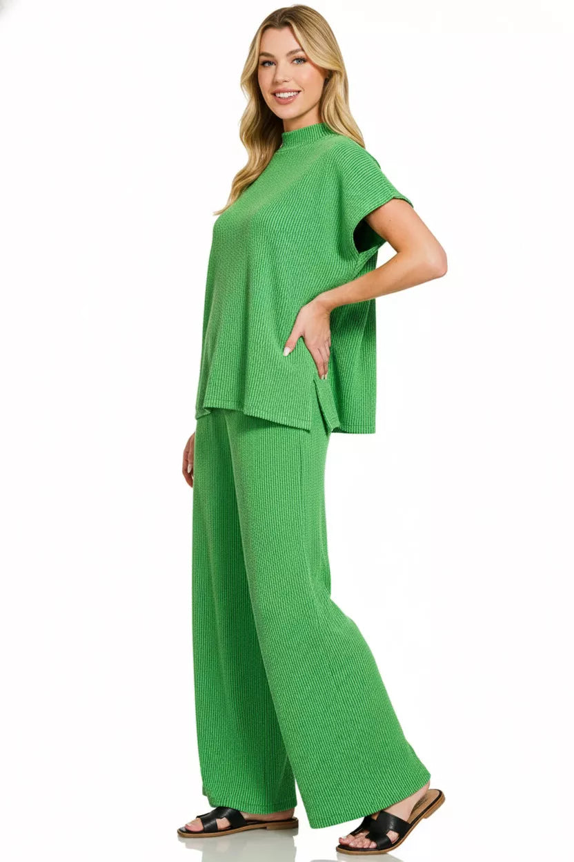 Zenana Raised Rib Short Sleeve Tee & Pants Set