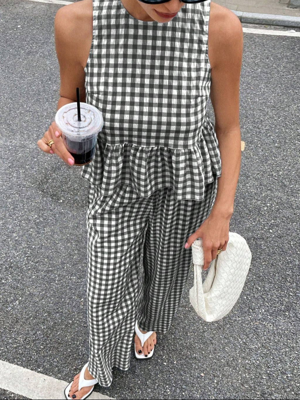 Gingham Sleeveless Top and Wide-Leg Pants Set