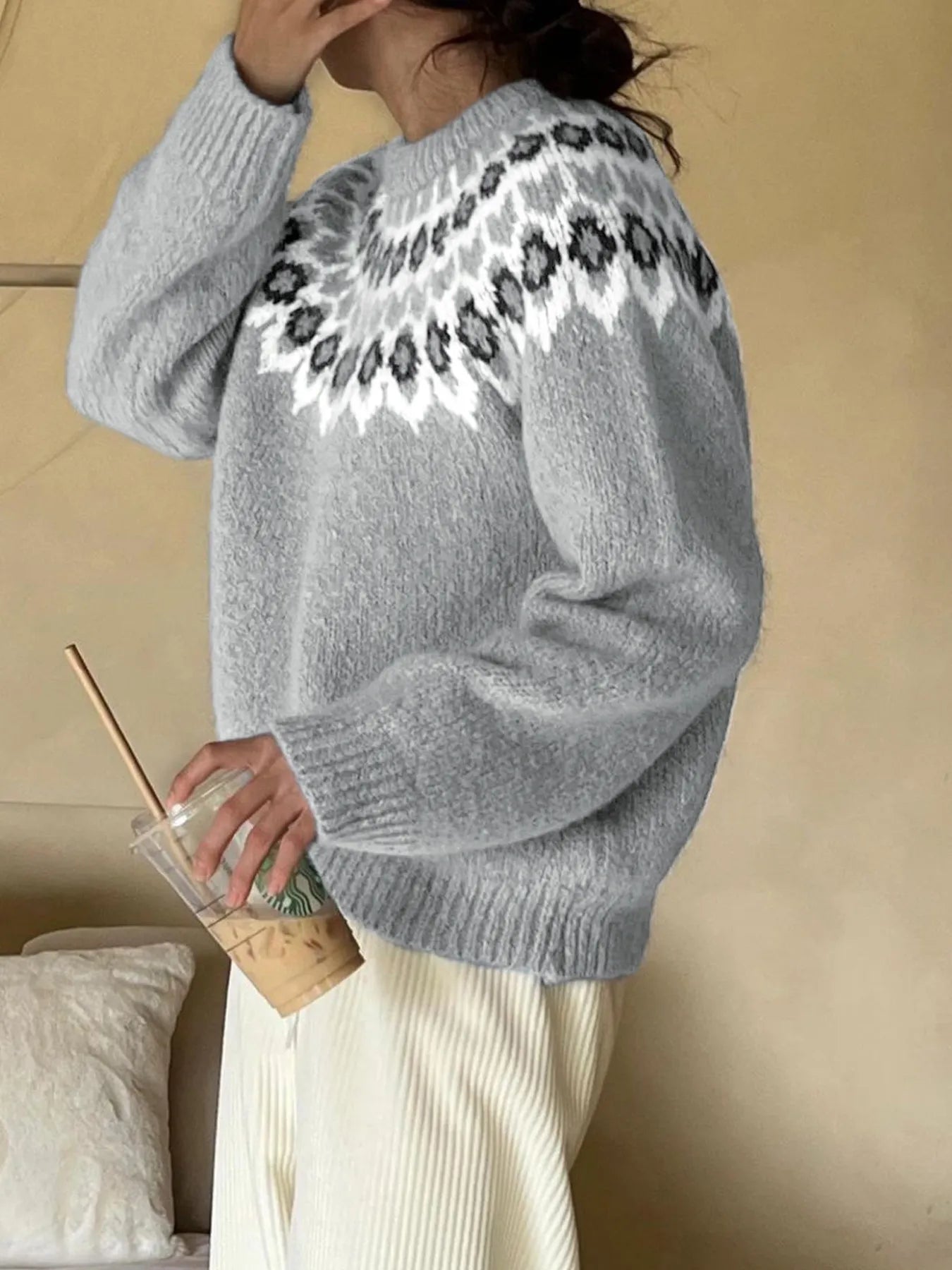 Nordic Fair Isle Pattern Round Neck Sweater