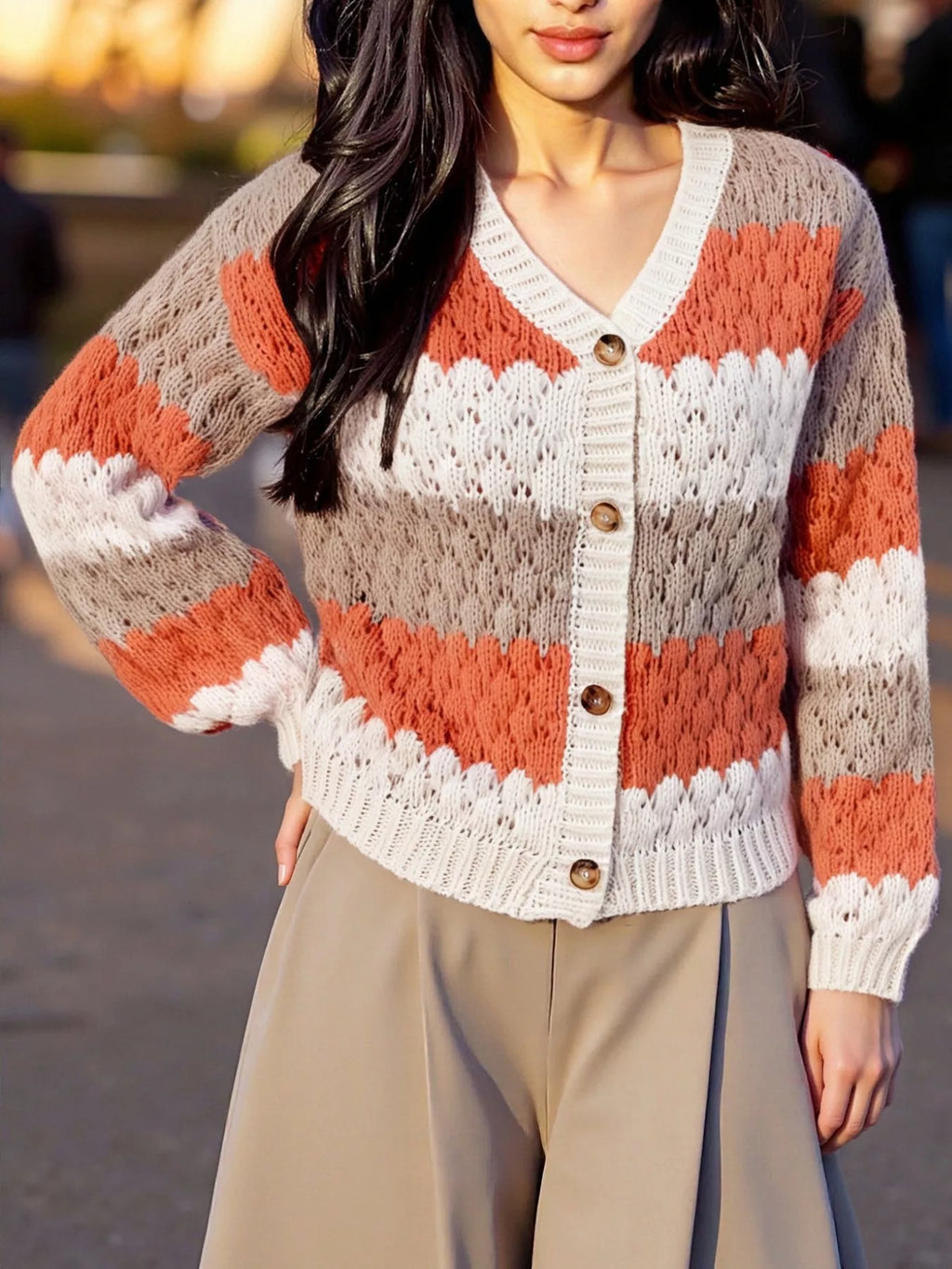Color Block Button Up Cardigan