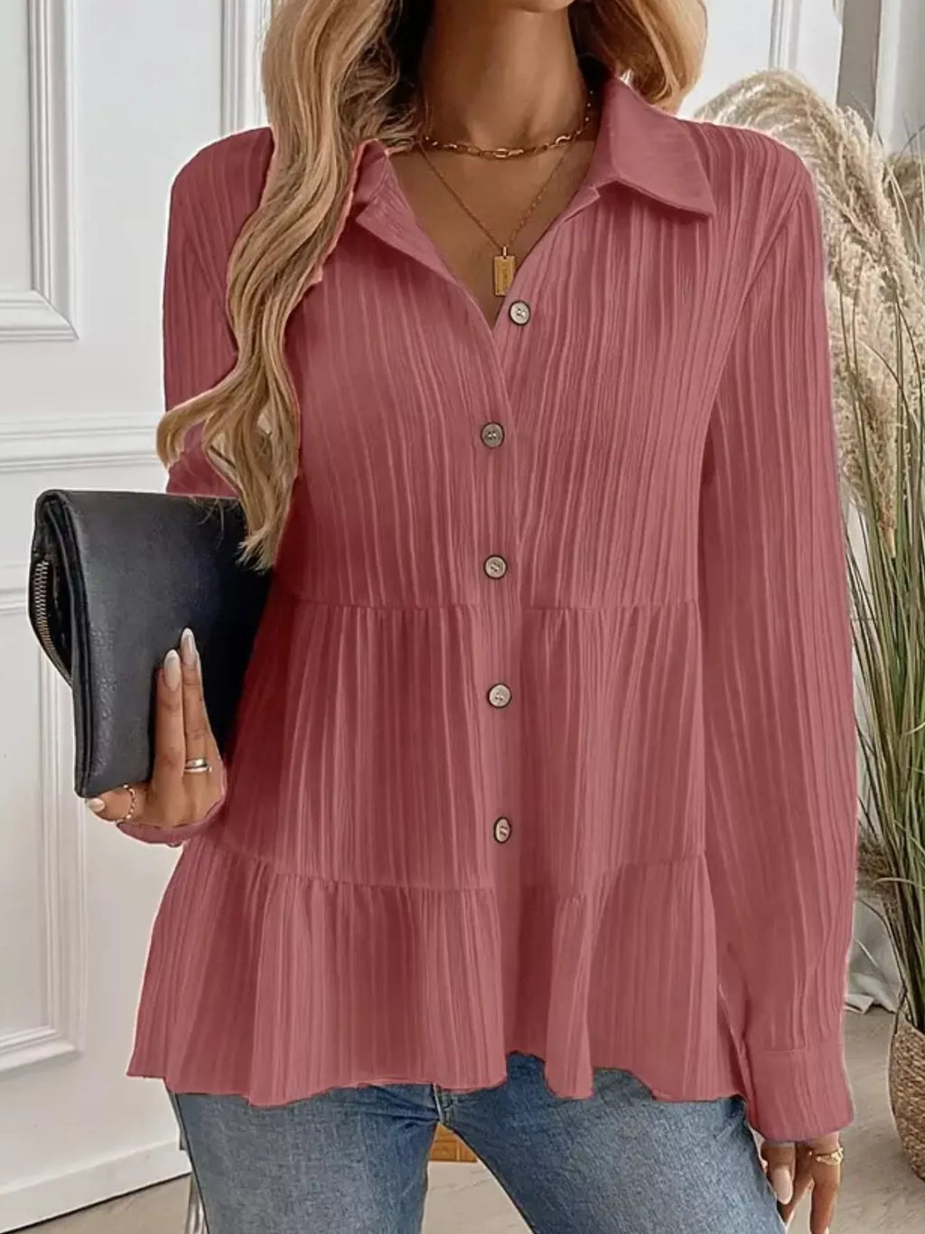 Button-Down Long Sleeve Tiered Shirt