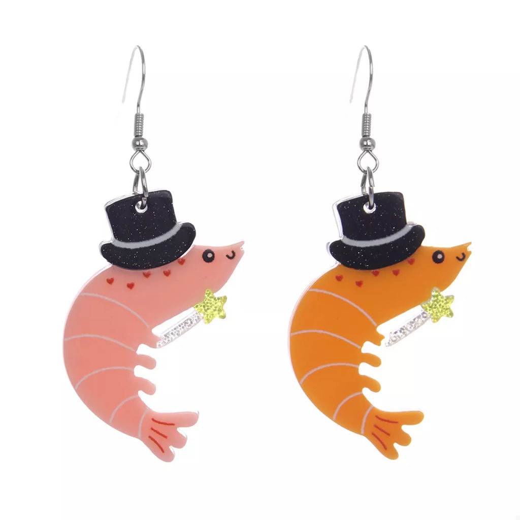 Whimsical Shrimp Earrings with Top Hats
