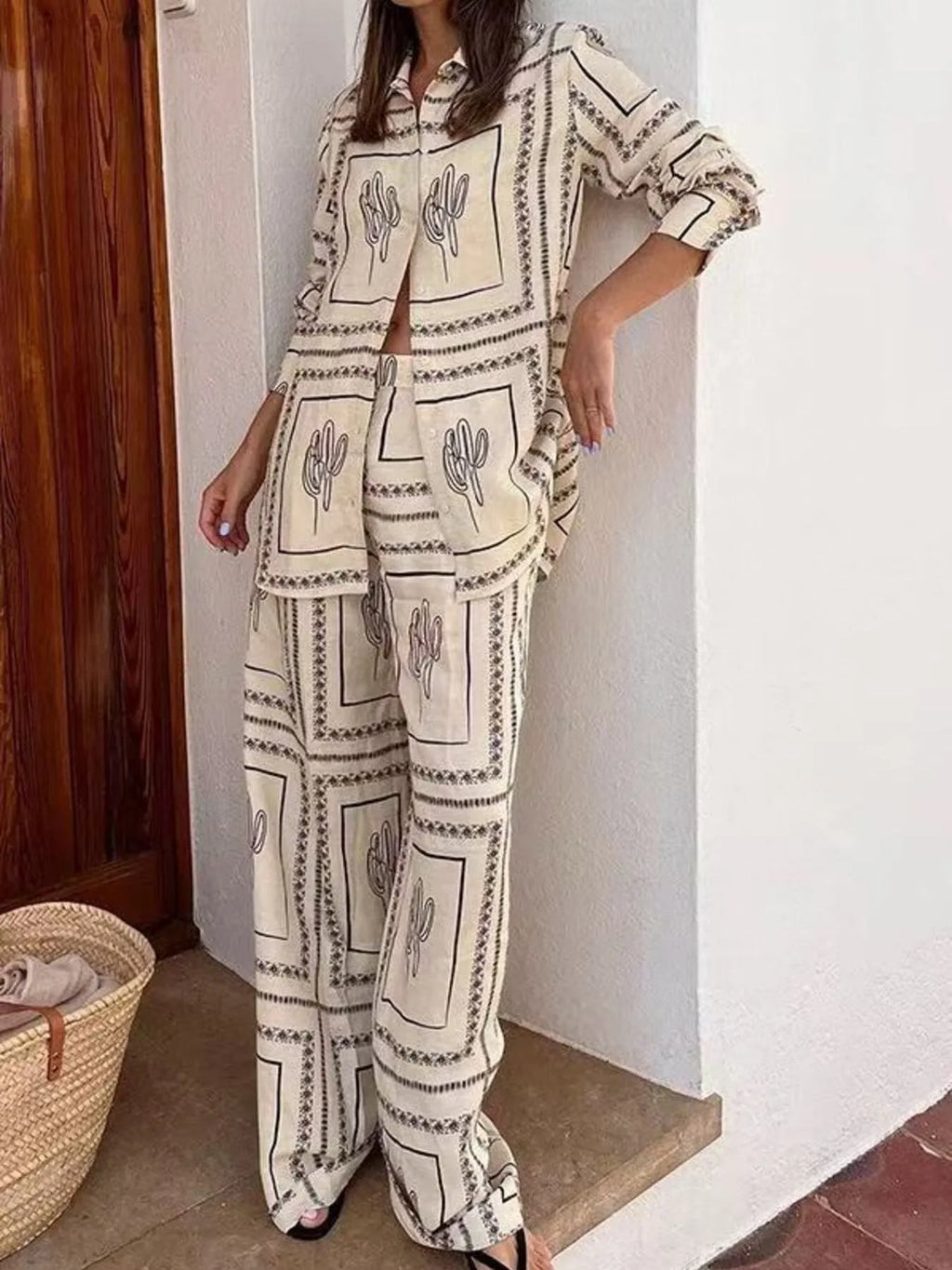 Printed Button Up Shirt and Pants Set