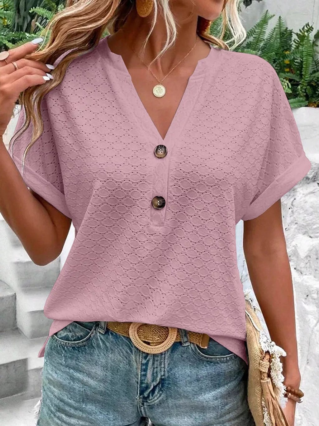 Notched Short Sleeve Top