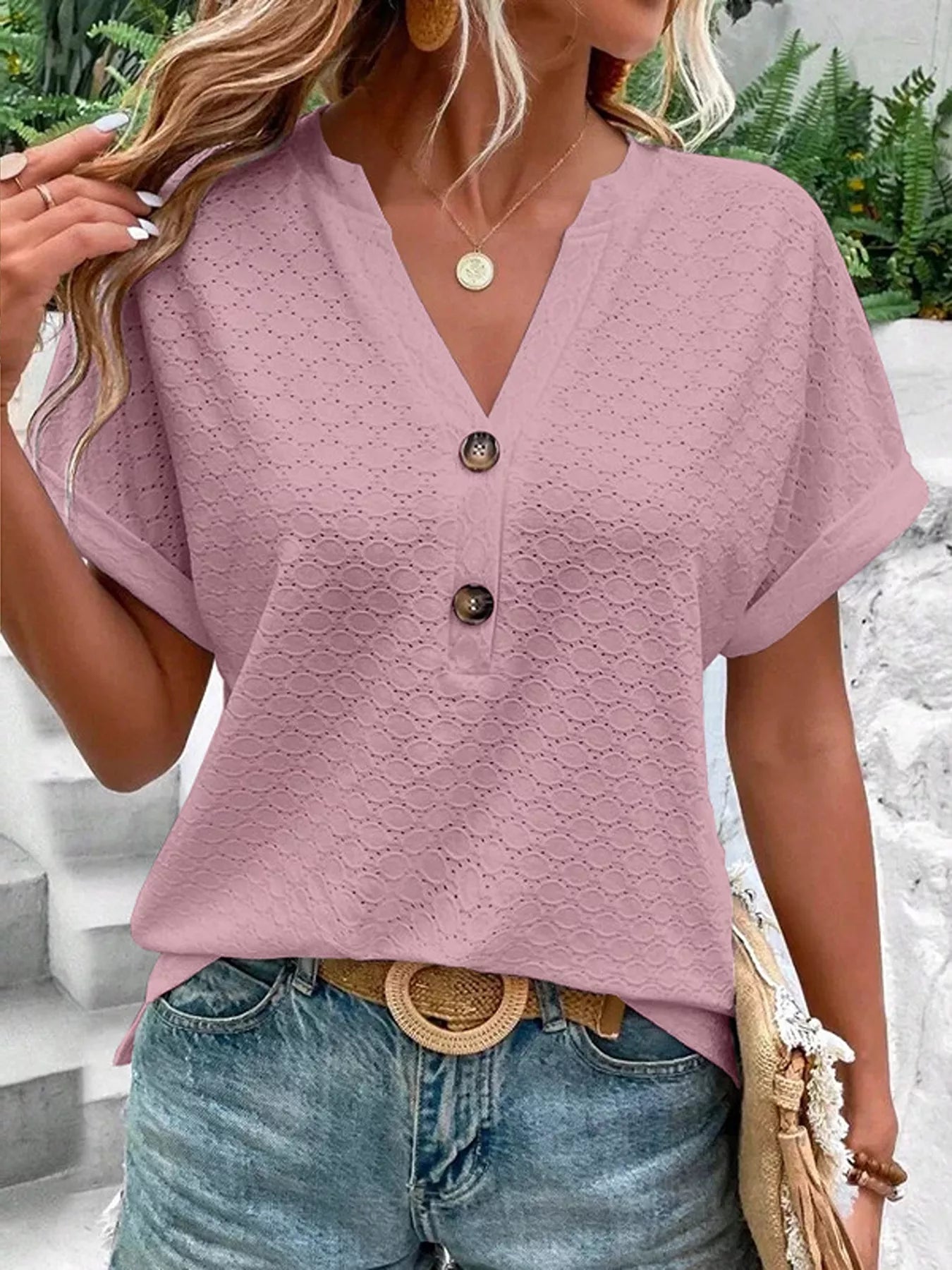 Notched Short Sleeve Top