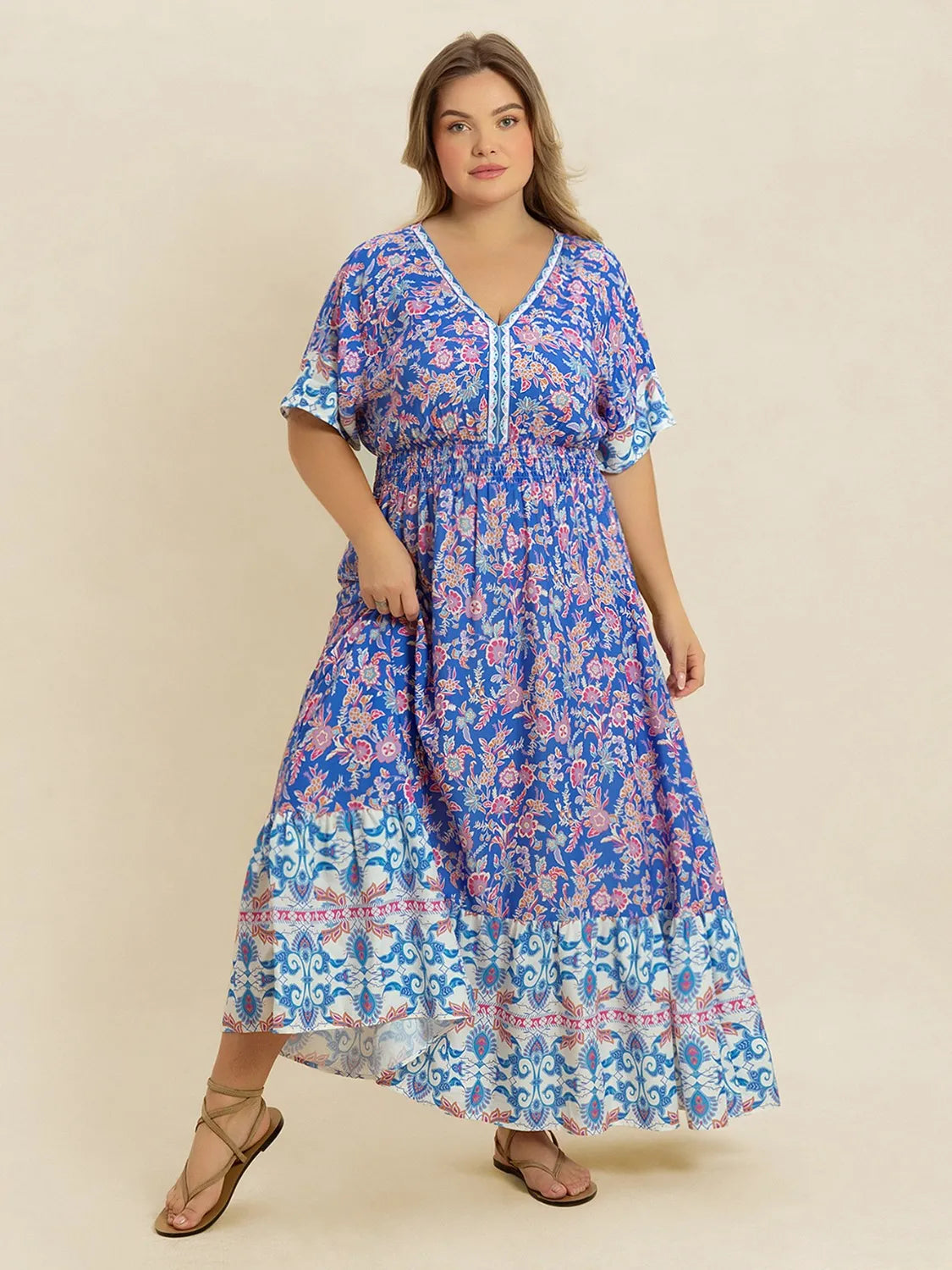 Plus Size Smocked Printed Half Sleeve Midi Dress