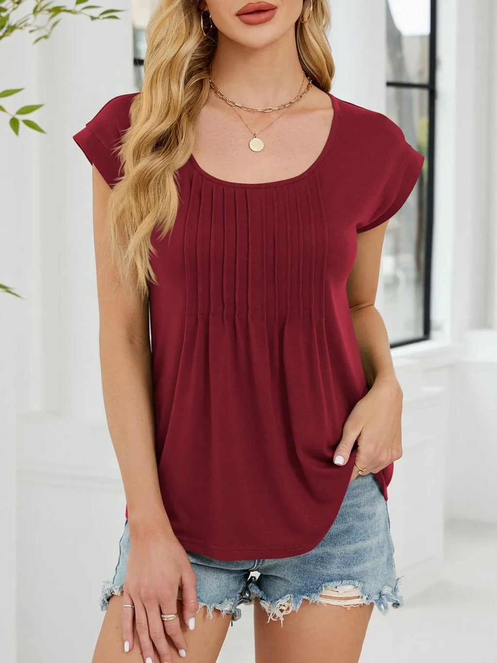 Pleated Front Scoop Neck T-Shirt