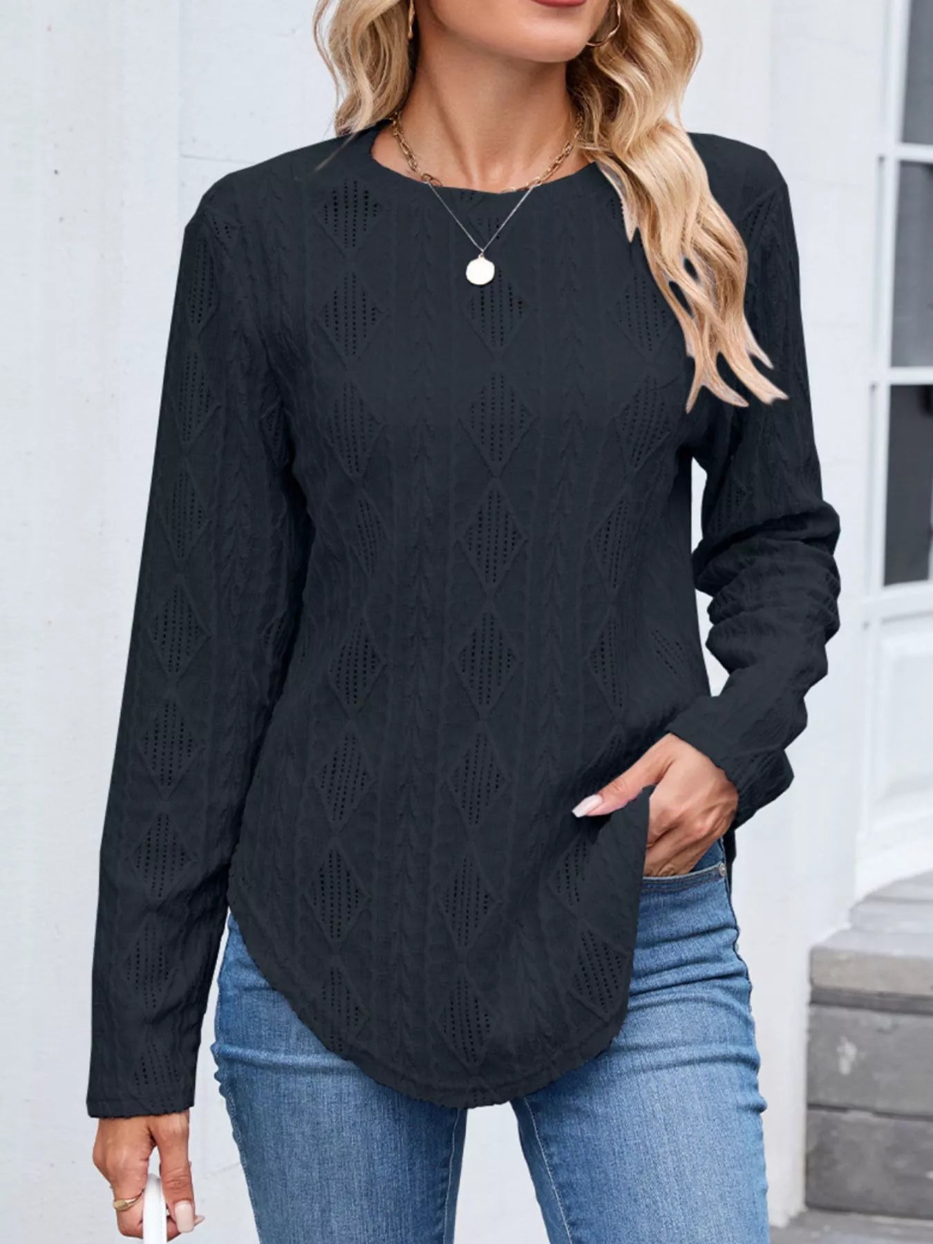 Openwork Textured Long Sleeve Top