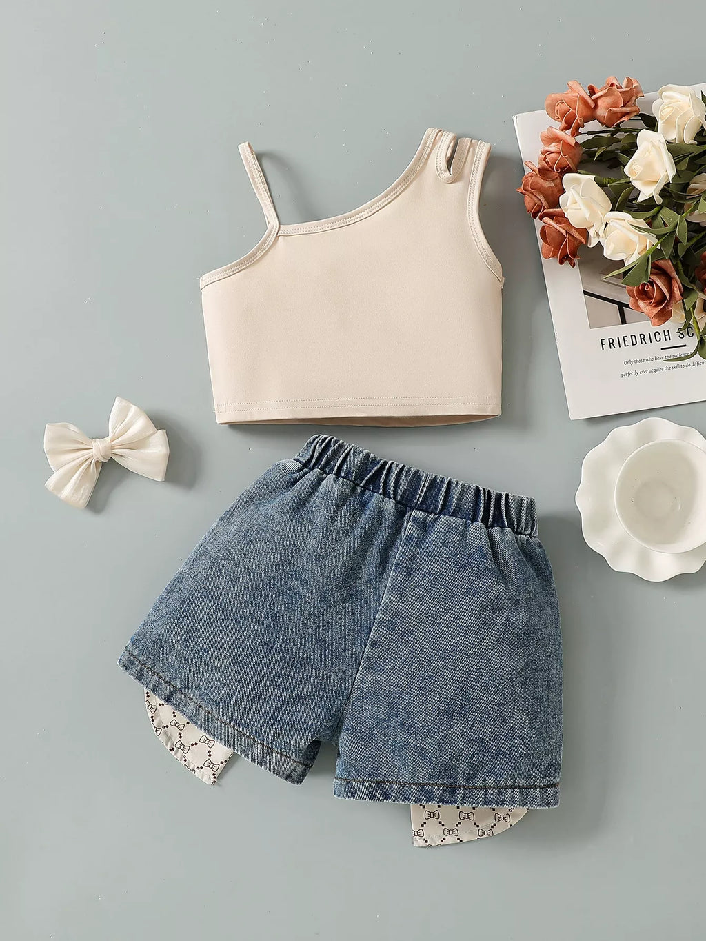 Children's Asymmetrical Tank Top & Bow-Accent Denim Shorts Set