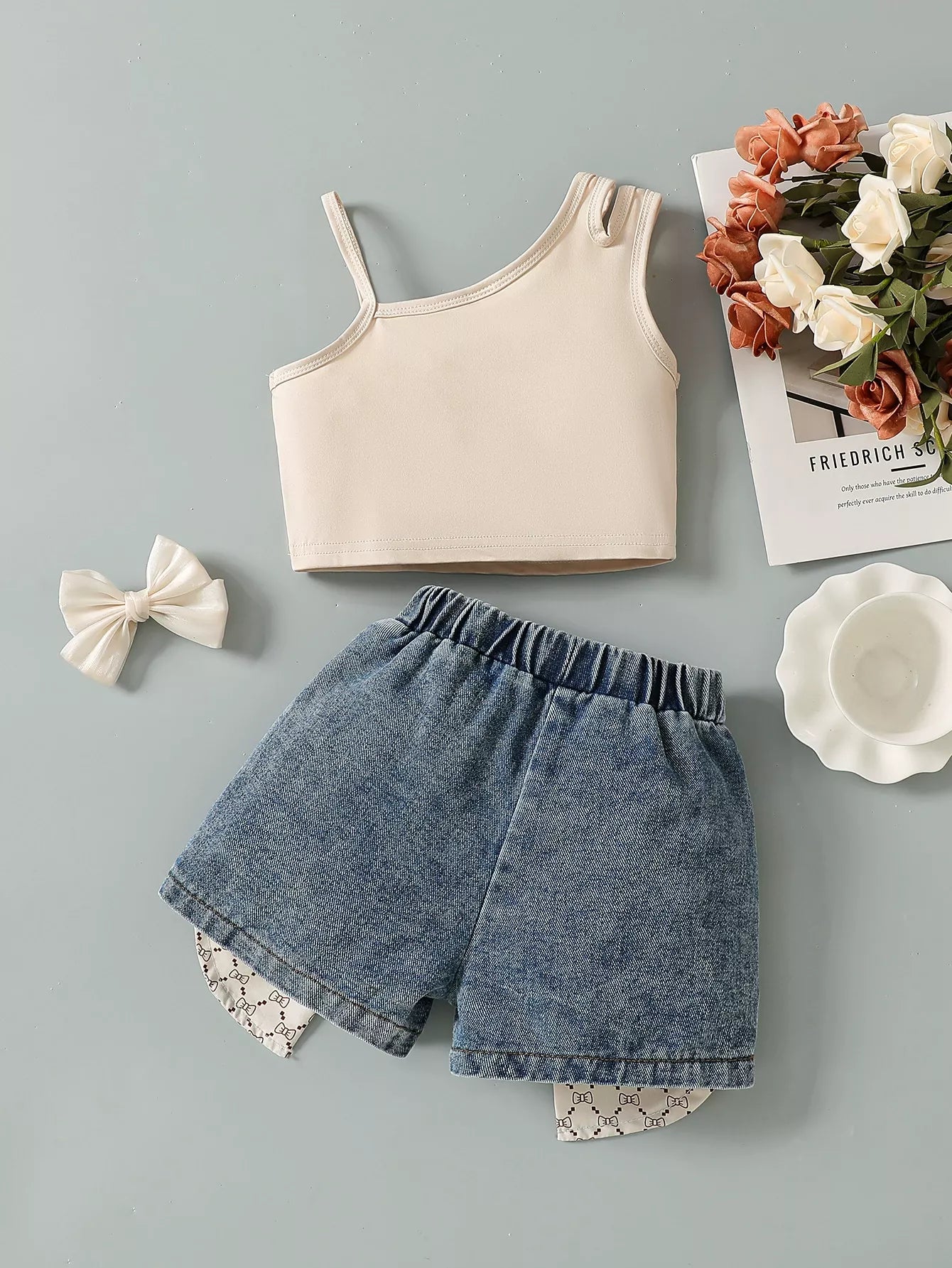 Children's Asymmetrical Tank Top & Bow-Accent Denim Shorts Set