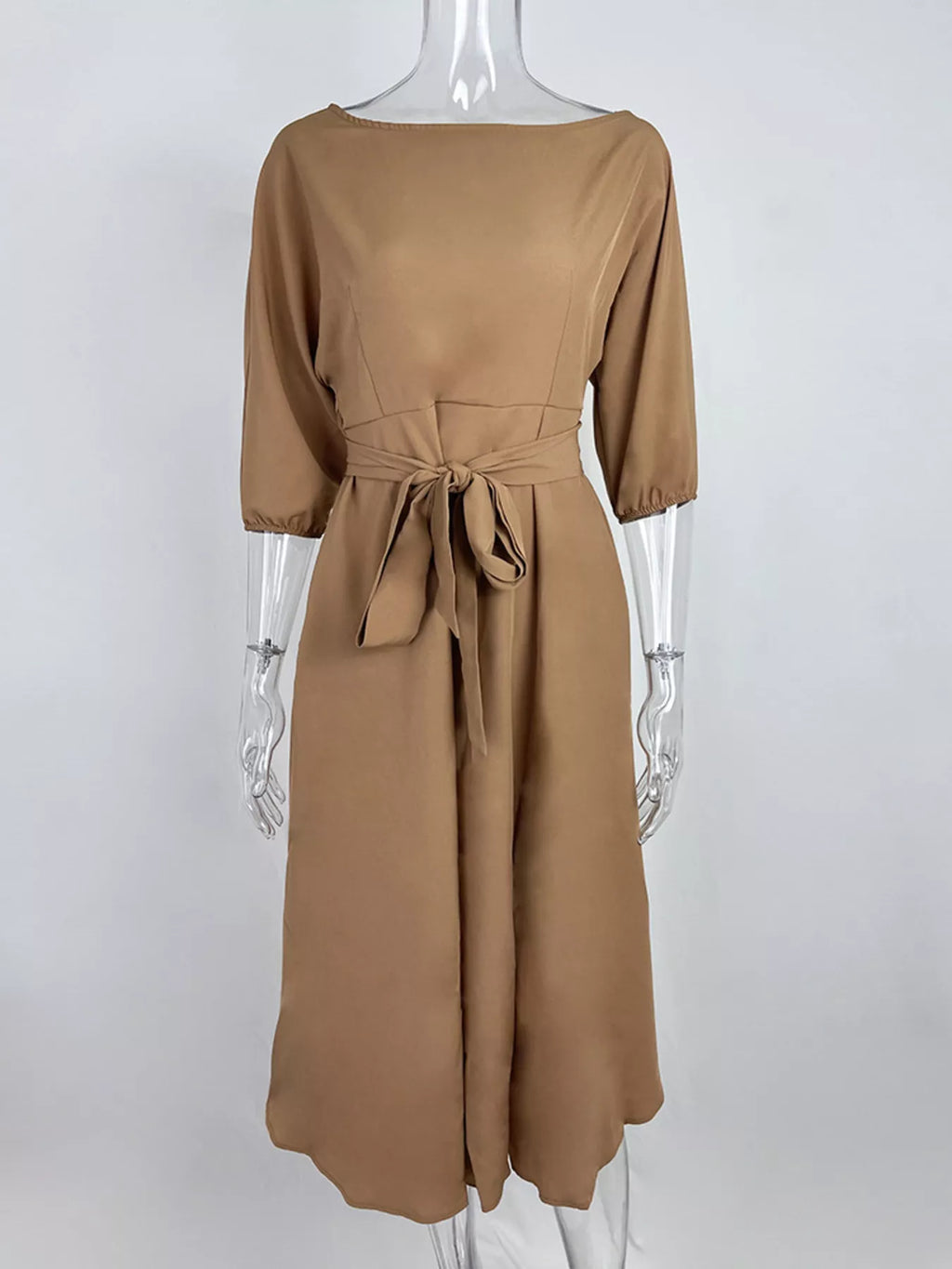 Boat Neck Tie Waist Dress