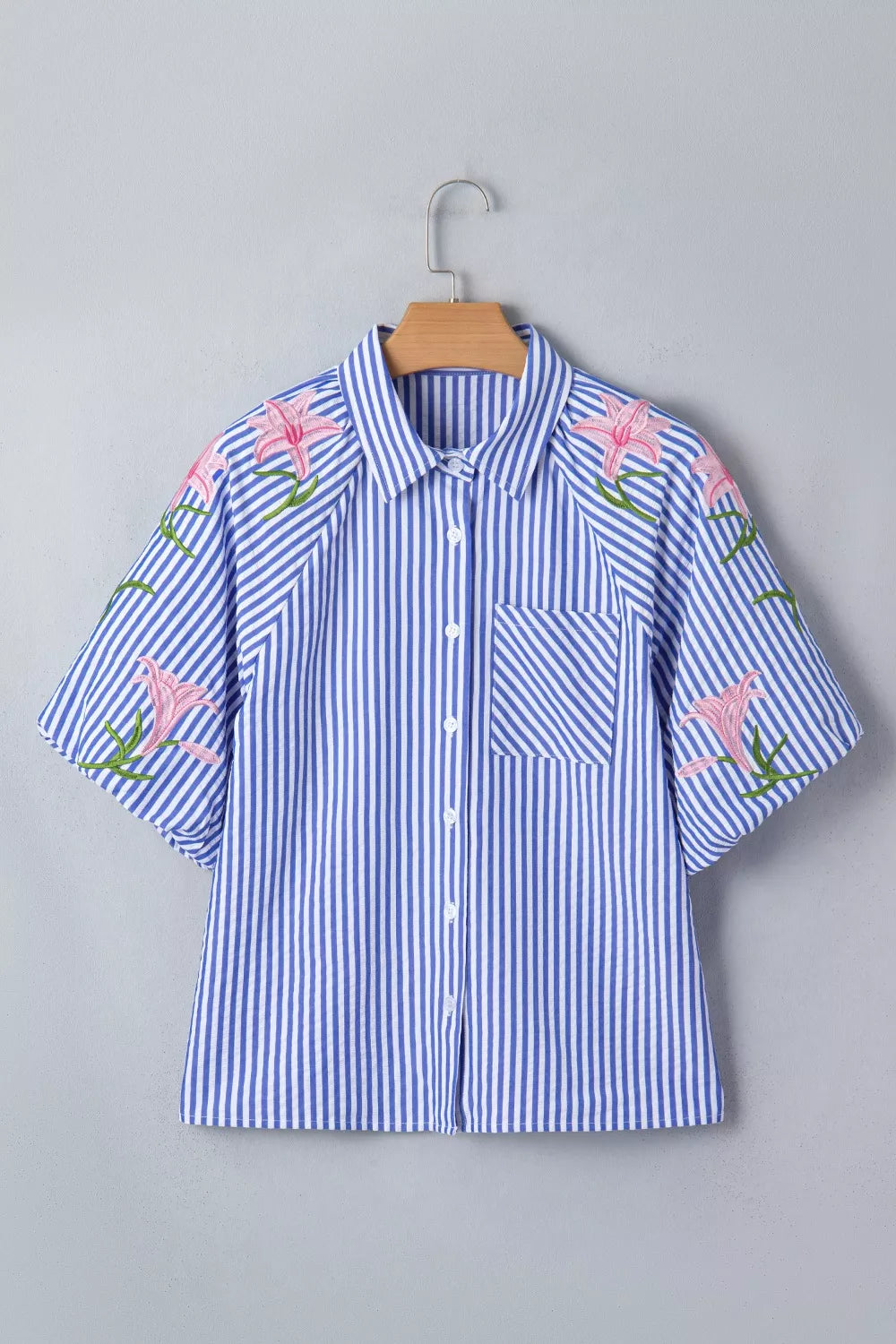Striped Floral Embroidered Puff Sleeve Button Down Shirt