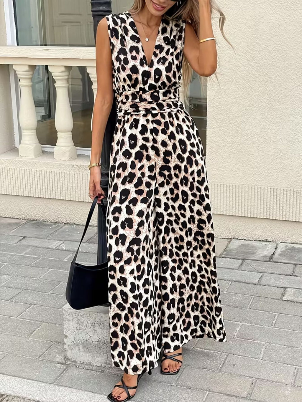 Sleeveless V-Neck Leopard Print Wide Leg Jumpsuit