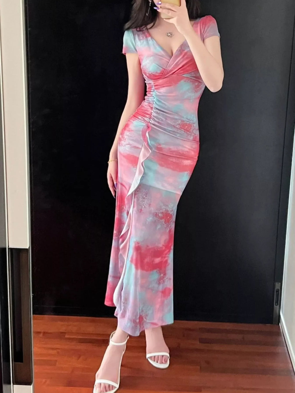 Tie-Dye Surplice Ruffle Slit Dress