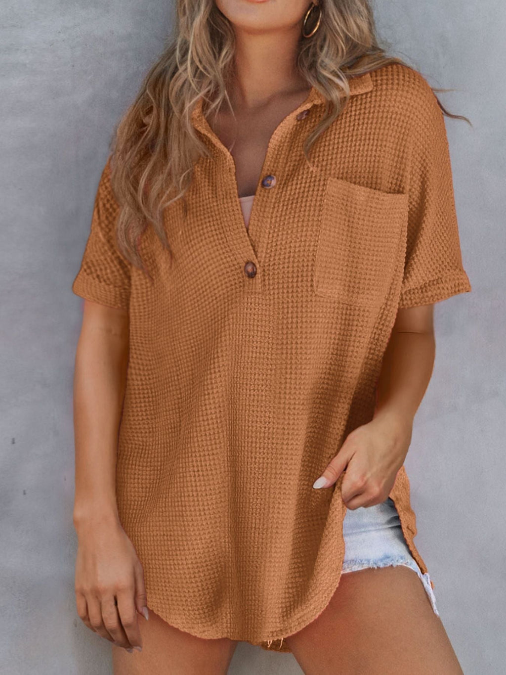 Textured Knit Button Detail Top