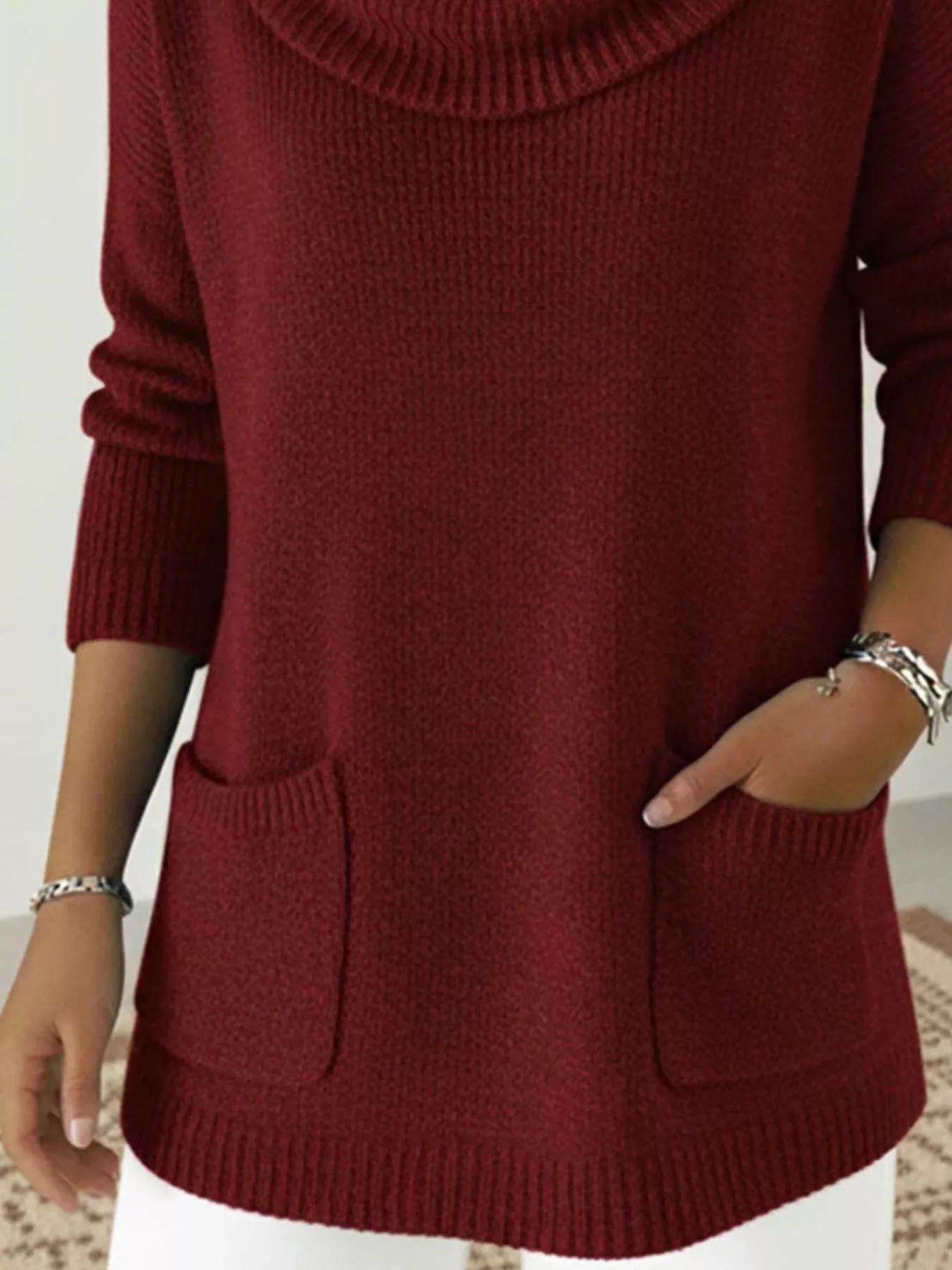 Full Size Cowl Neck Long Sleeve Sweater with Pockes Plus Size