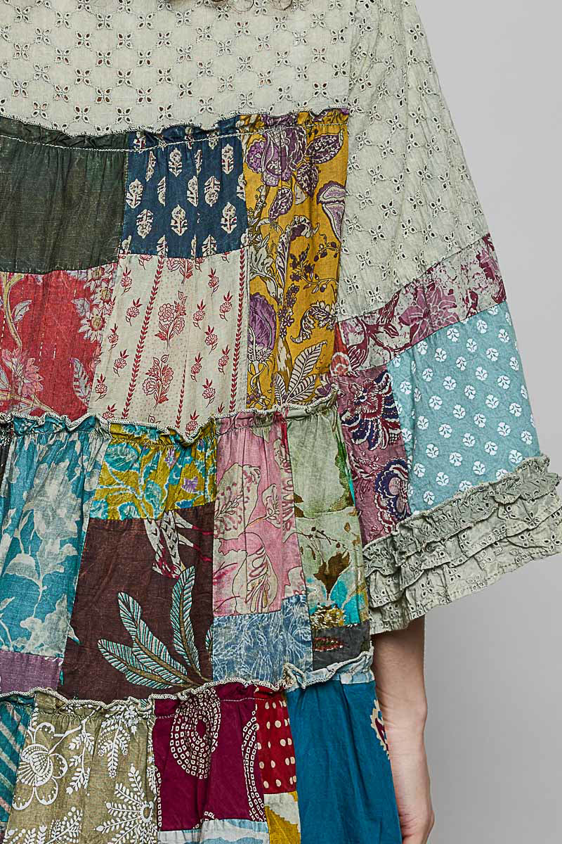 POL Tiered Floral Patchwork Tie Neck Shirred Ruffled Blouse