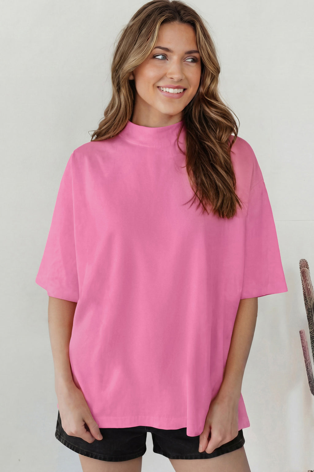 Dark Blue Solid Color High Neck Oversize Tee