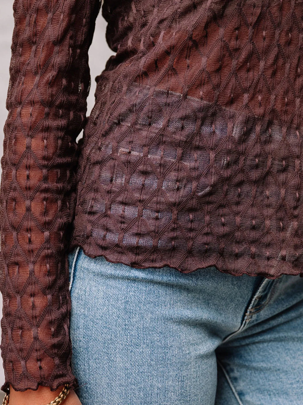 Sheer Mesh Patterned Lettuce Trim Slim Long Sleeve Top
